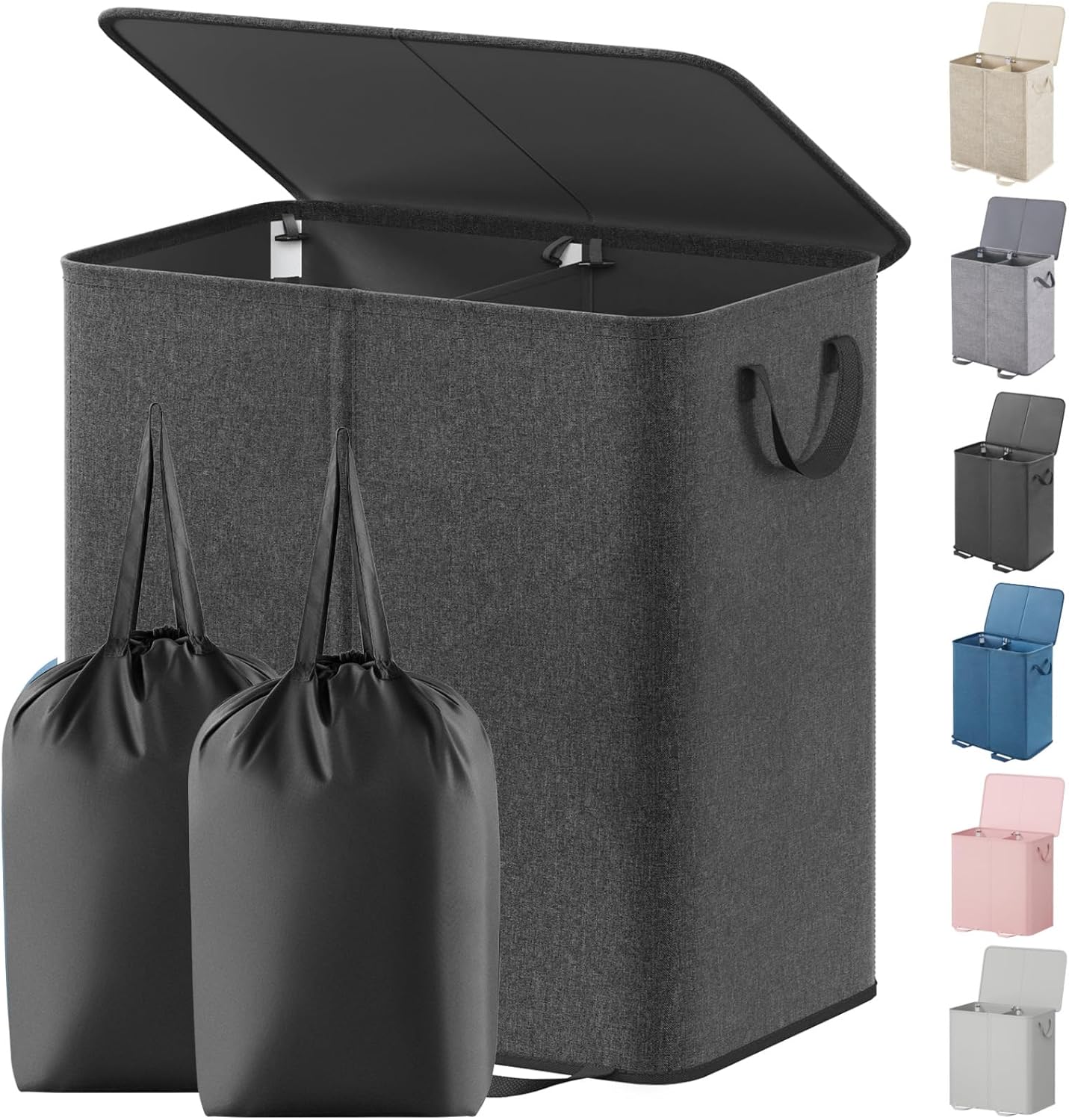 Lifewit Double Laundry Hamper with Lid and Removable Laundry Bags, Large Collapsible 2 Dividers Dirty Clothes Basket with Handles for Bedroom Laundry