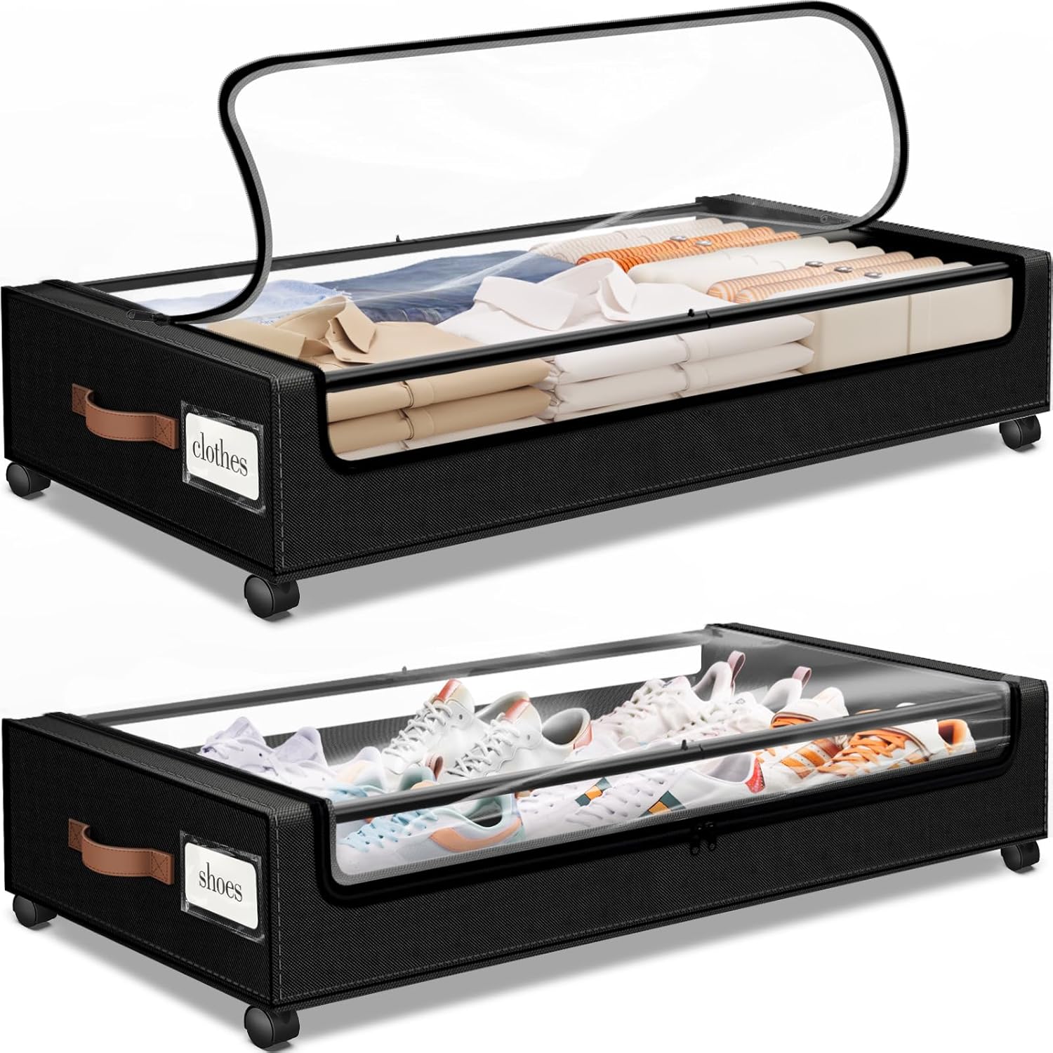 SpaceHacks Under Bed Storage with Wheels 2Pack Storage Containers with Clear Window&Label Under Bed Drawers Rolling Under Bed Storage for Clothes