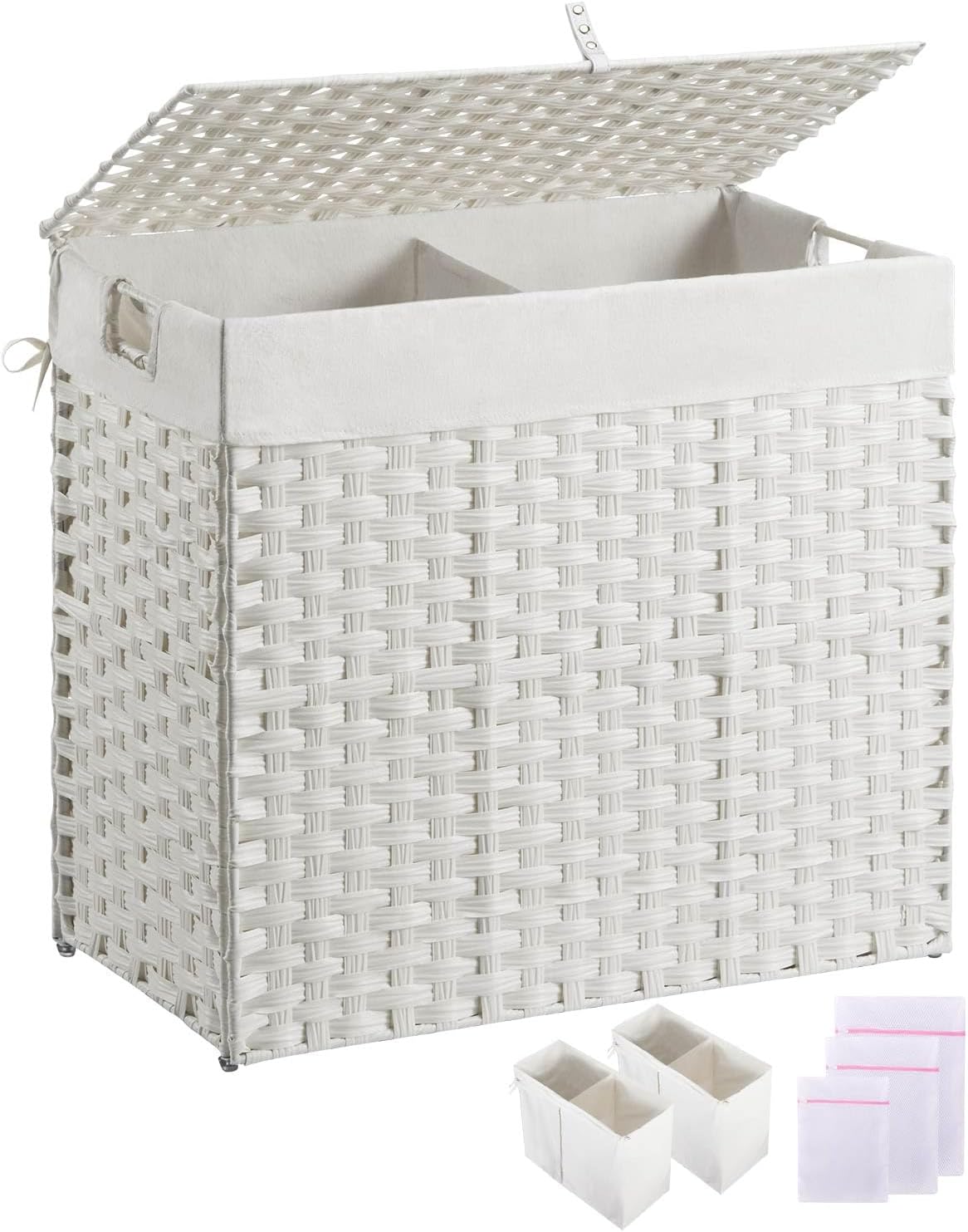 Greenstell Laundry Hamper with lid, No Install Needed, 110L Wicker Laundry Baskets Foldable 2 Removable Liner Bags