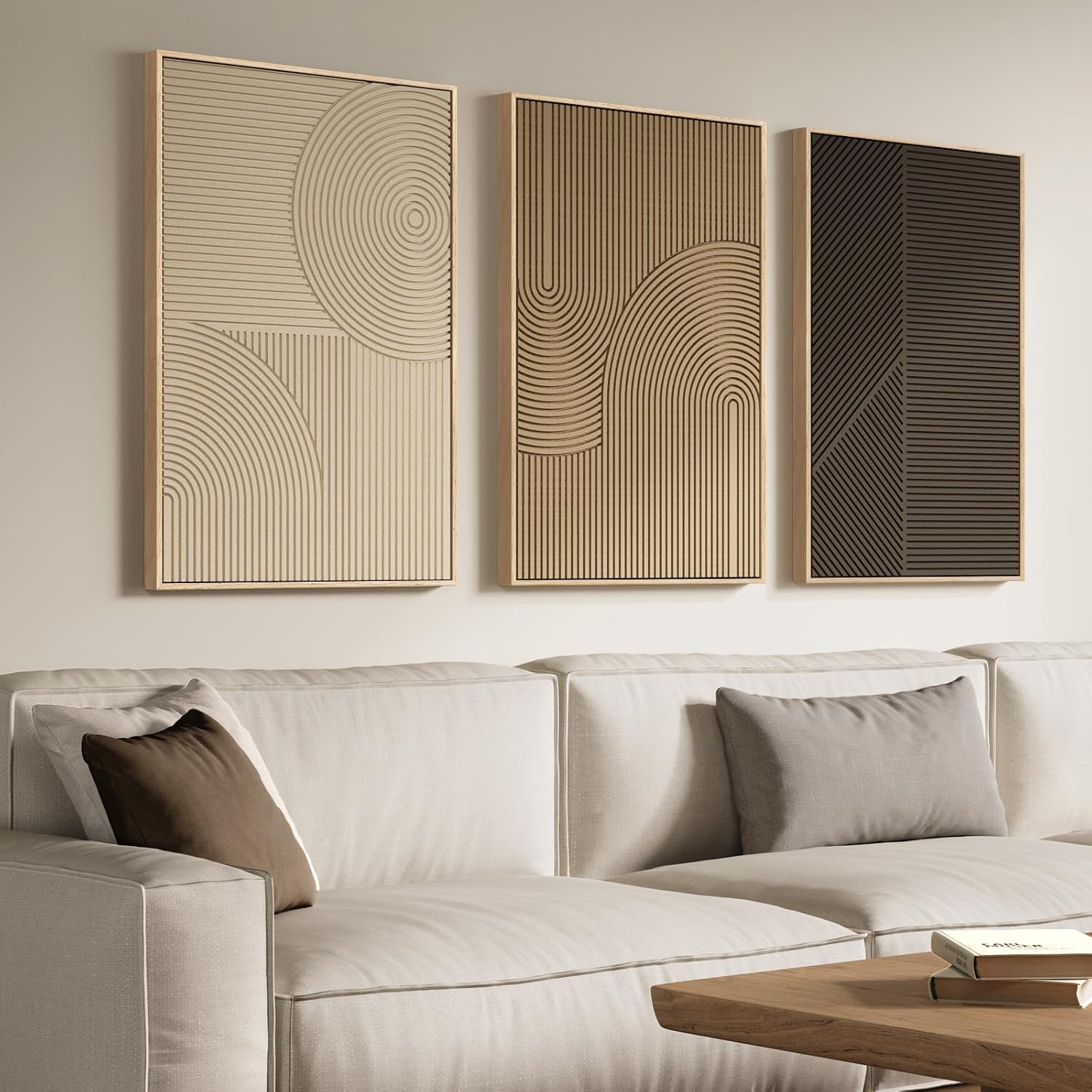 Large 3D Textured Framed Boho Modern Neutral Abstract Wall Art for Living Room, 3 Piece Black White Brown Paintings Artwork for Walls
