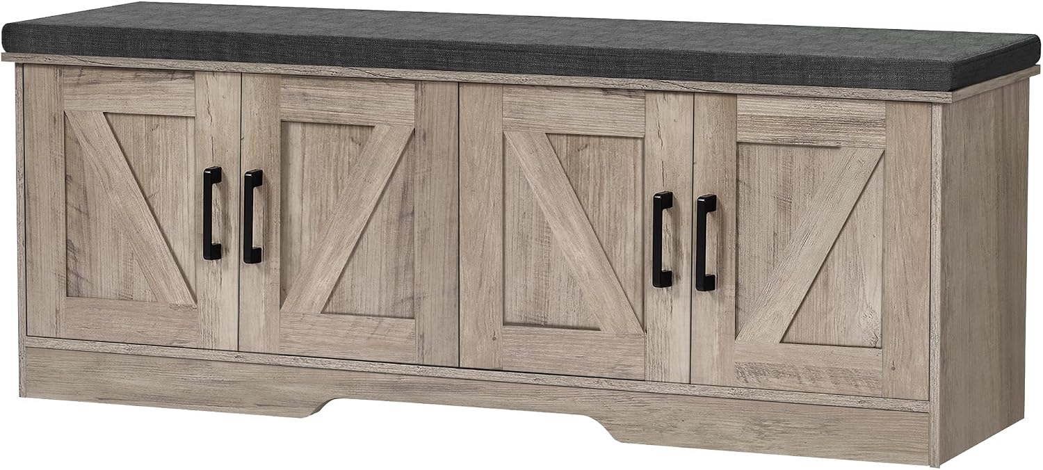 HOMSHO Farmhouse Shoe Storage Bench with 4 Barn Doors and Padded Seat Cushion, 47.2" Wide Entryway Bench with Adjustable Shelves and Hidden Storage