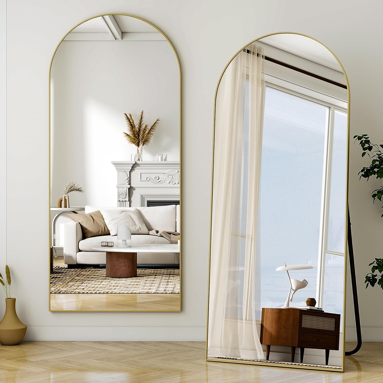 VooBang 35"x78" Gold Large Arched Floor Full Length Dressing Body Mirror, Shatterproof Tempered Glass, Modern Minimalist Chic Room Decor