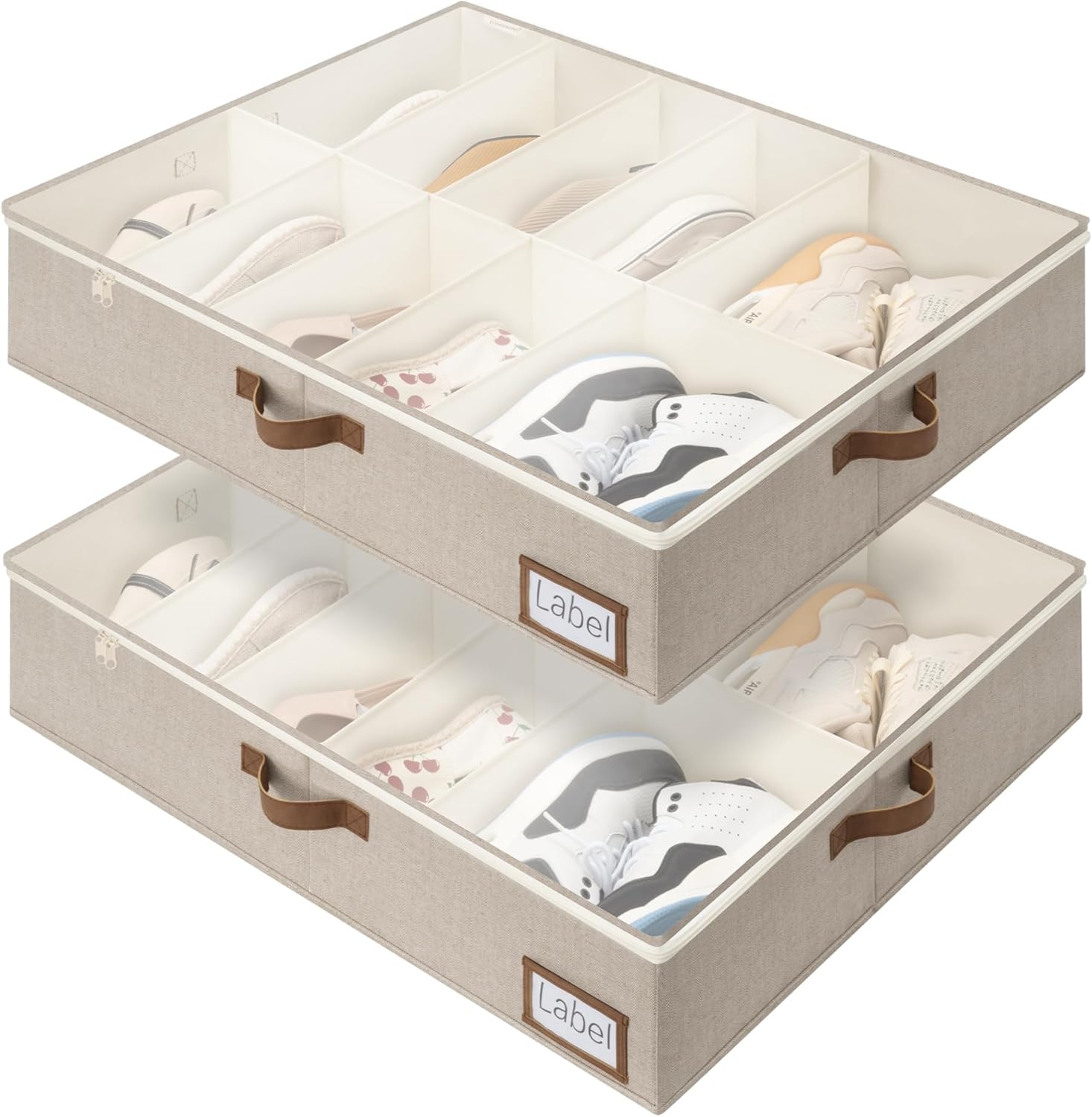 StorageWorks 2-Pack 24-Pair Underbed Shoe Storage Organizer, Linen Beige, Rustic Linen Fabric, Adjustable Dividers, 5.25" Height