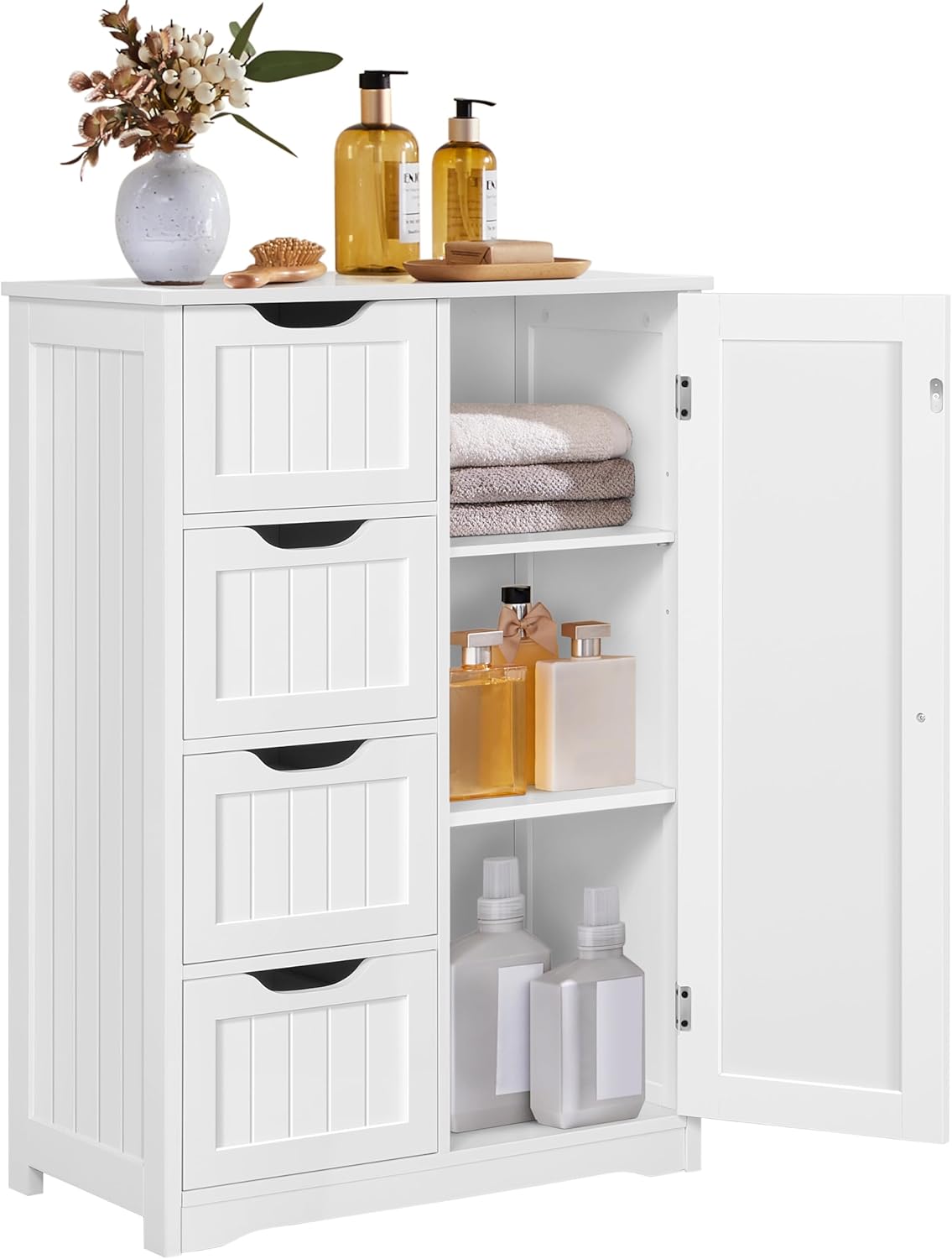 Yaheetech Wooden Floor Cabinet, Side Storage Organizer with 4 Drawers and 1 Cupboard, Freestanding Entryway Storage Unit Console Table