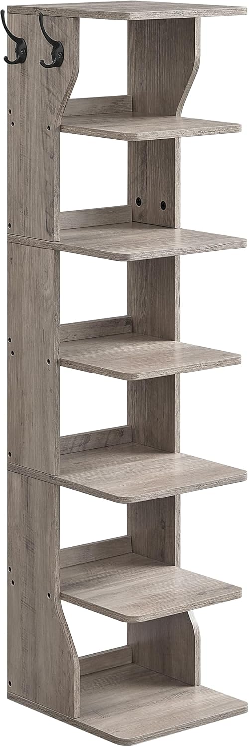 VASAGLE 7-Tier Vertical Shoe Rack, Narrow Shoe Storage Organizer with Hooks, Slim Corner Tower Shelf, Space-Saving for Entryway and Bedroom