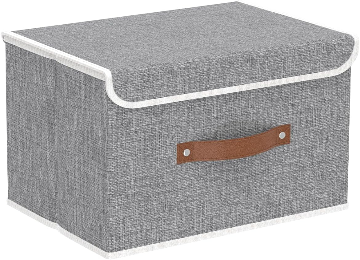 Yawinhe Collapsible Storage Boxes, Linen Fabric Baskets, Bin with lid and Leather Handle, Washable, for Home, Closet, Beige, 17.7''Lx11.8''Wx11.8''H