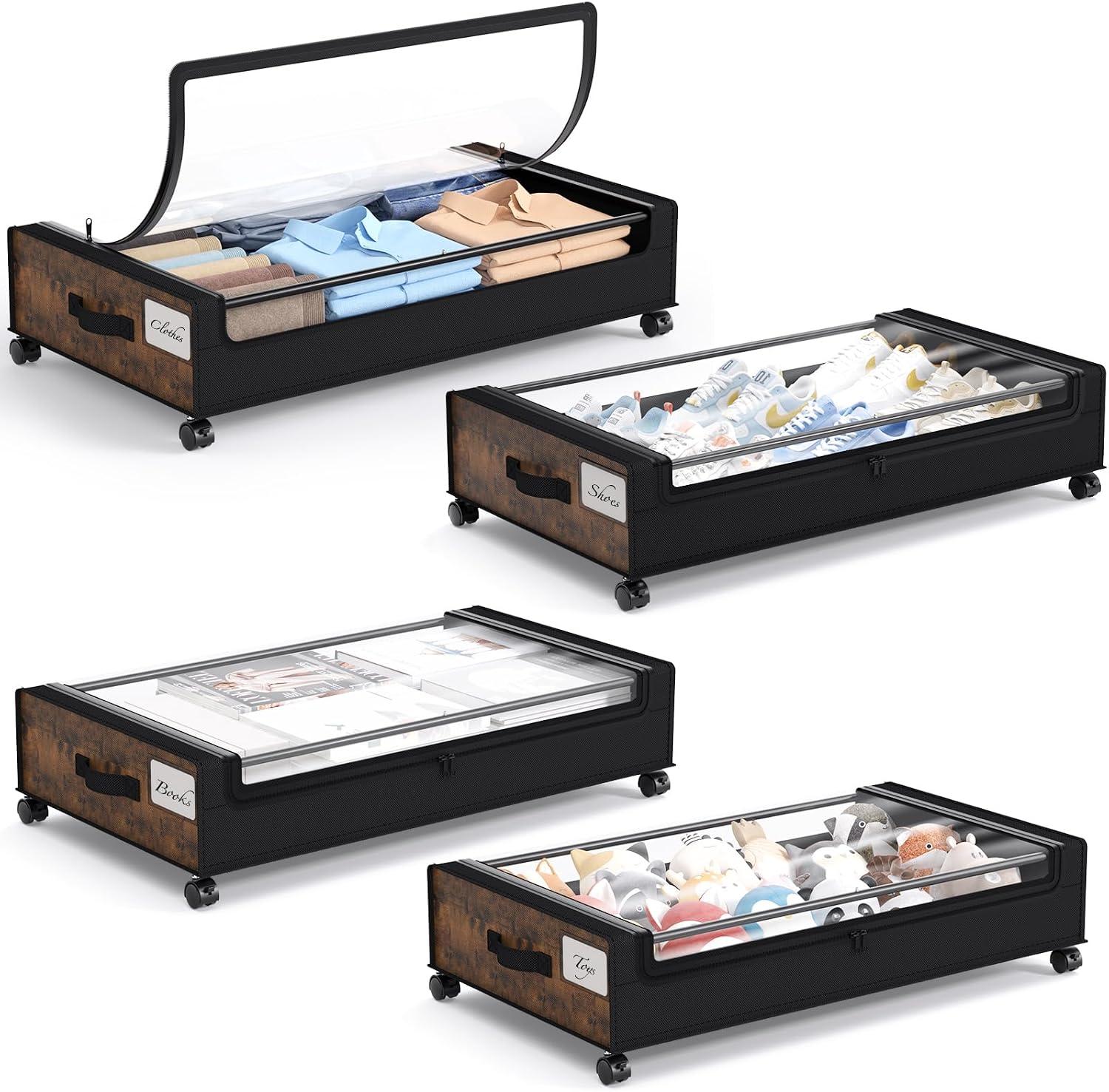 Yecaye Under Bed Storage with Wheels, 2Pack Under Bed Storage Containers, Underbed Shoe Storage Organizer, Rolling Under Bed Metal Drawers for Clothes