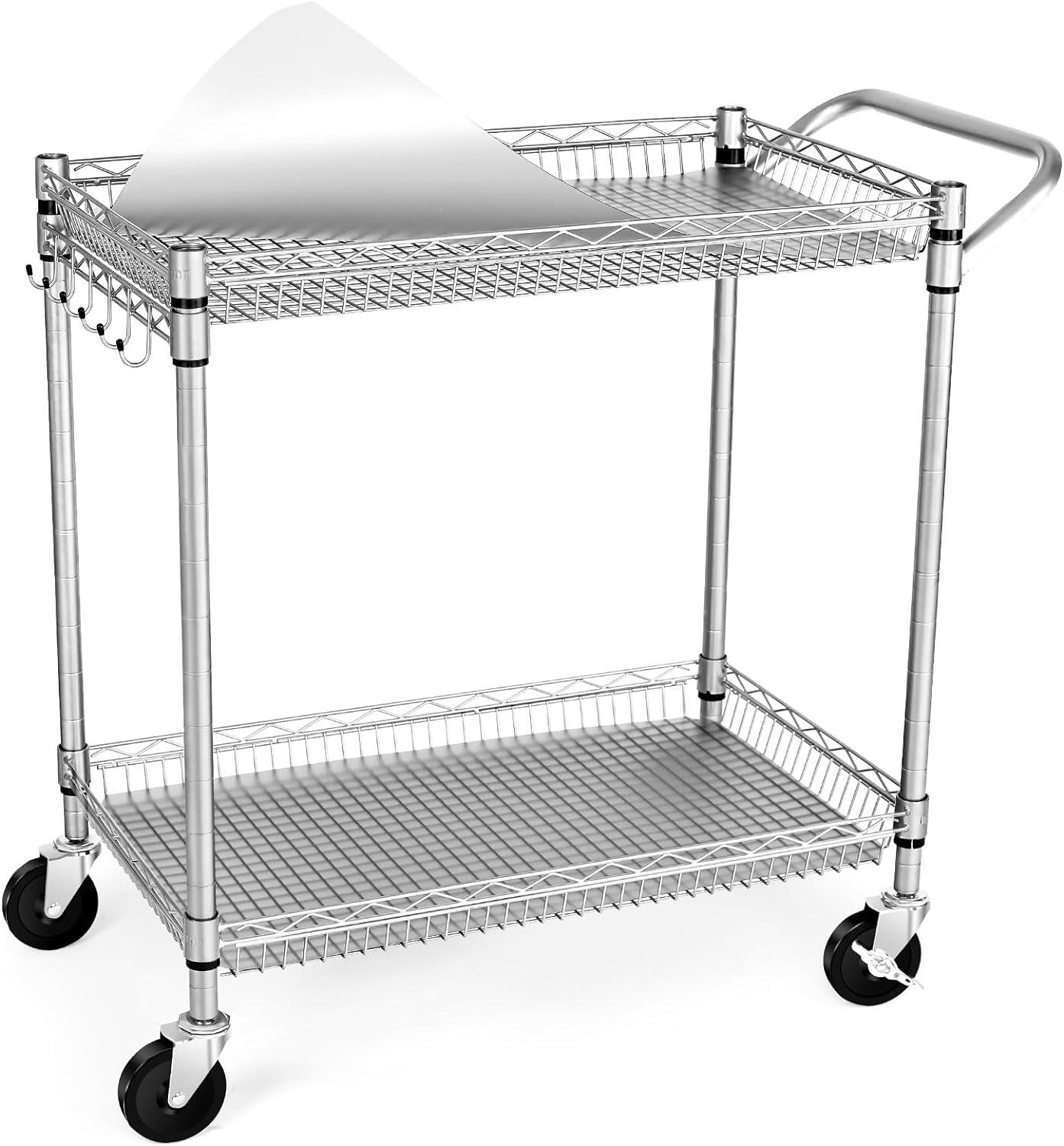 WDT 990Lbs Capacity Heavy Duty Rolling Utility Cart, NSF Rolling Carts with Wheels, Commercial Grade Metal Cart with Handle Bar and Shelf Liner