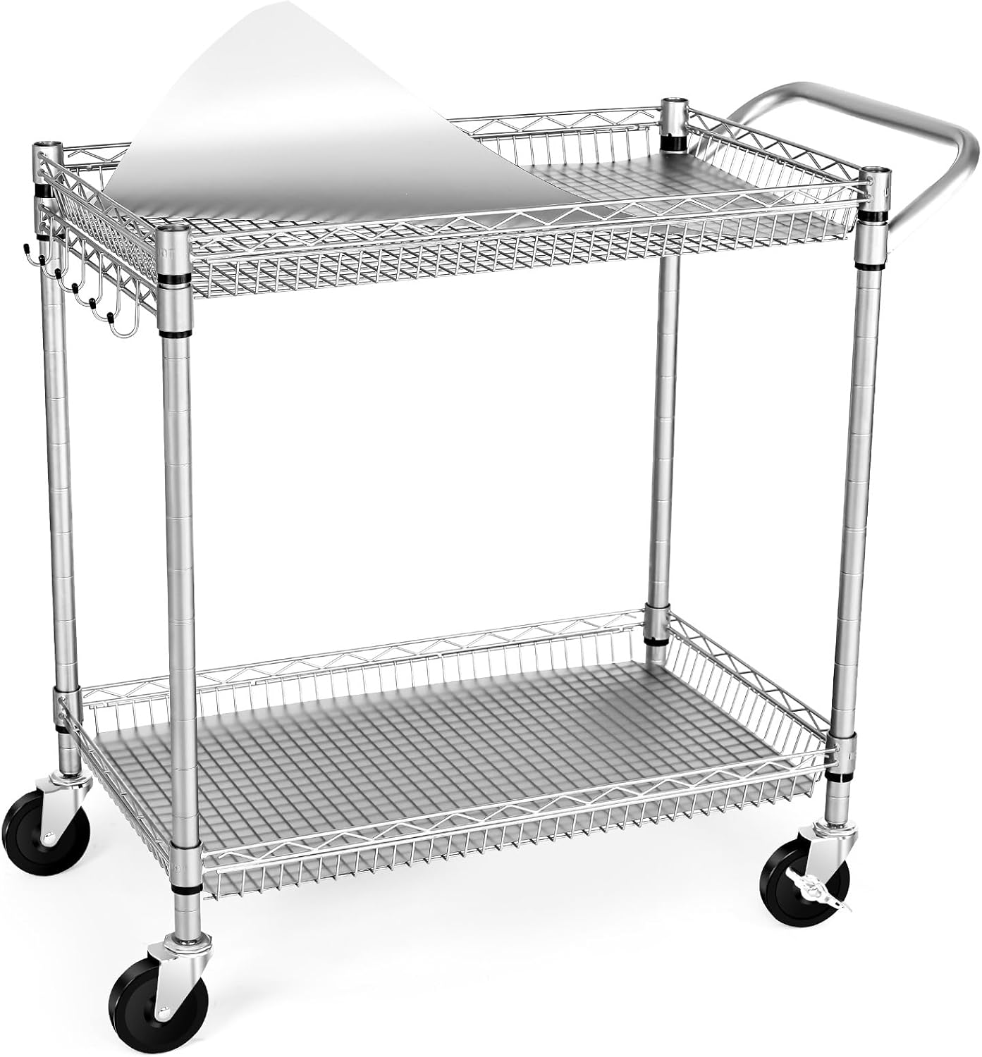 WDT 3 Tier Rolling Kitchen Carts with Wheels, Heavy Duty Rolling Utility Cart with Wood Tabletop, Commercial Grade Metal Cart with Handle and Hooks