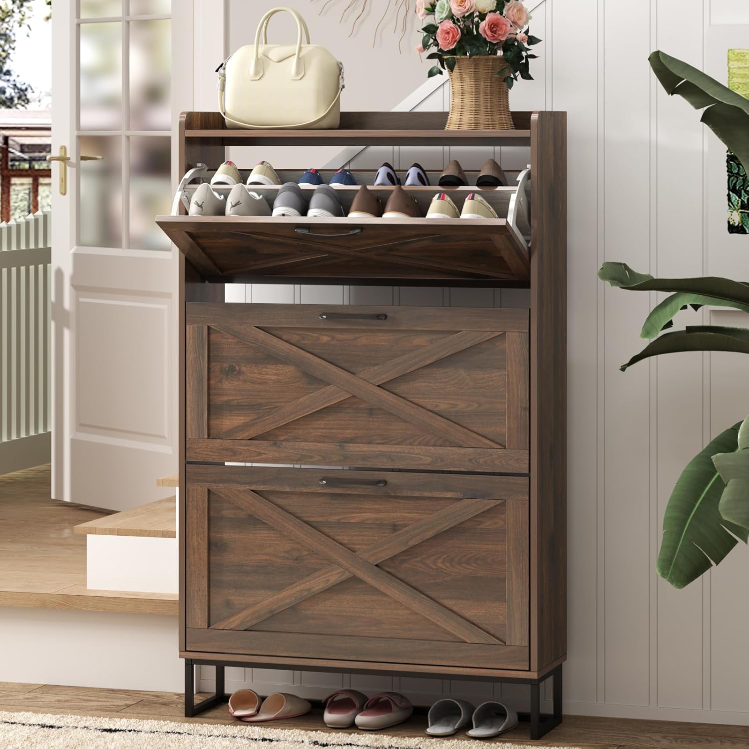 Maupvit Shoe Storage Cabinet with 2 Flip Drawers, Freestanding Shoe Organizer with Metal Legs for Entryway, Narrow Shoe Rack Cabinet, Rustic Brown