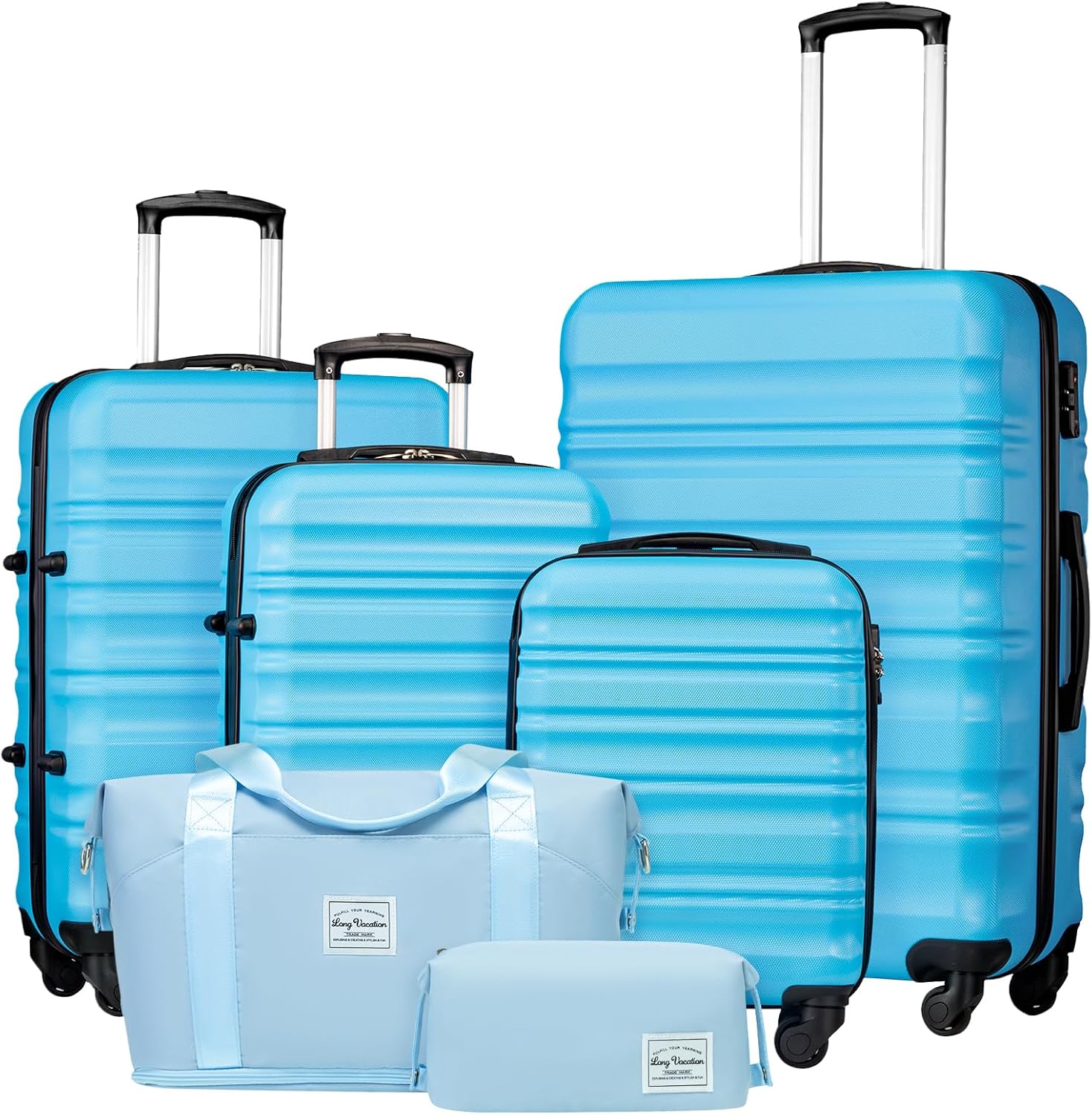 LONG VACATION 6 Piece Luggage Set Carry on Suitcase with ABS+PC hardshell, Spinner Wheels and YKK Zipper TSA Lock (BEIGE-BROWN, 6 piece set)