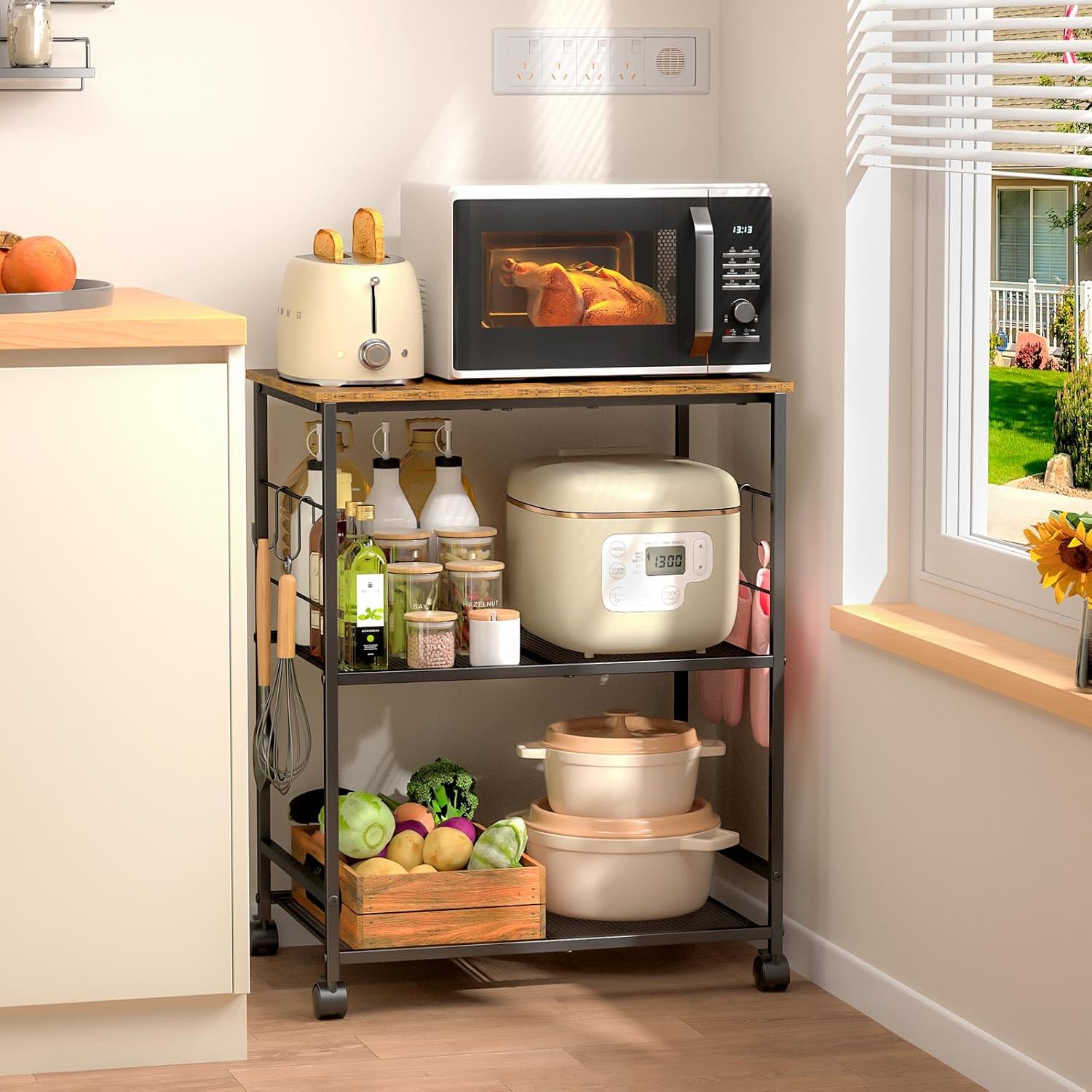 ThreeHio Rolling Kitchen Microwave Cart, 3 Tier Microwave Table Stand with Storage, Kitchen Utility Cart on Lockable Wheels