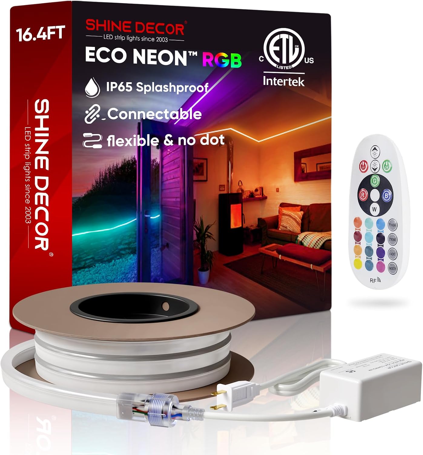 Shine Decor LED RGB Neon Rope Lights AC 120V, Expandable and Cuttable Bright Strip Lighting with Remote, Dimmable Color Changing