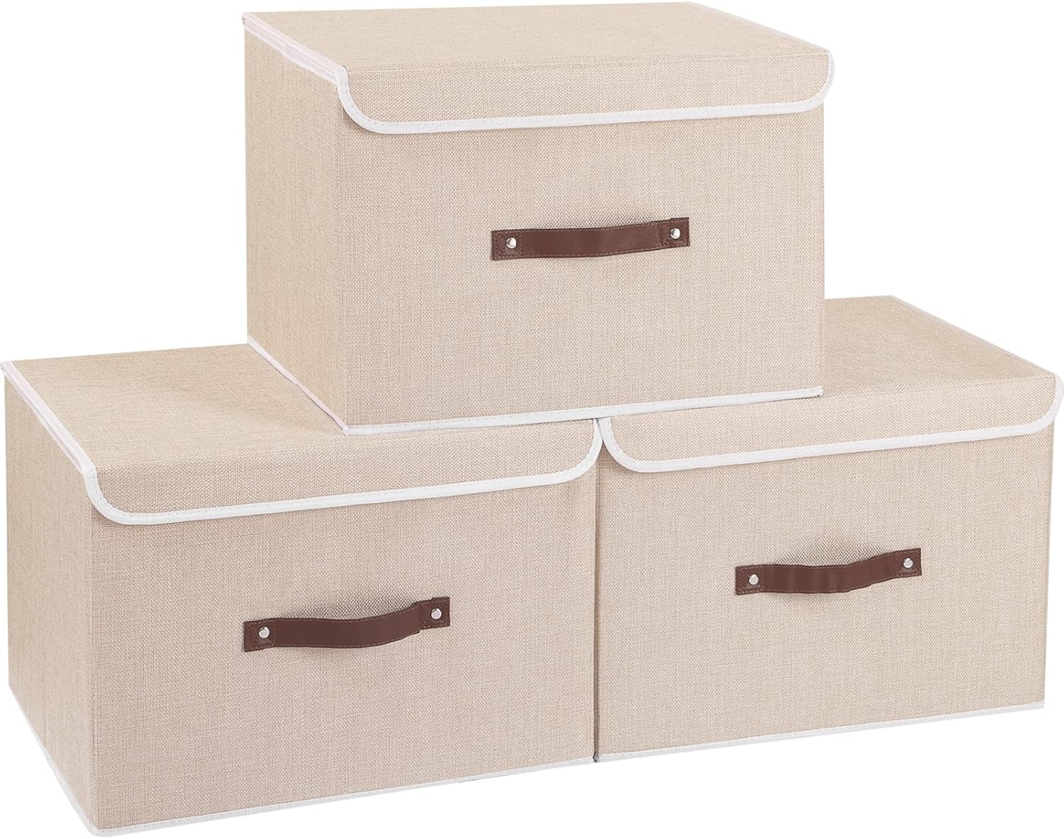 Yawinhe Storage Bins with Lids, Beige, 17.7x11.8x11.8in, 5-Pack, Fabric Container with Leather Handle, Washable Home Basket