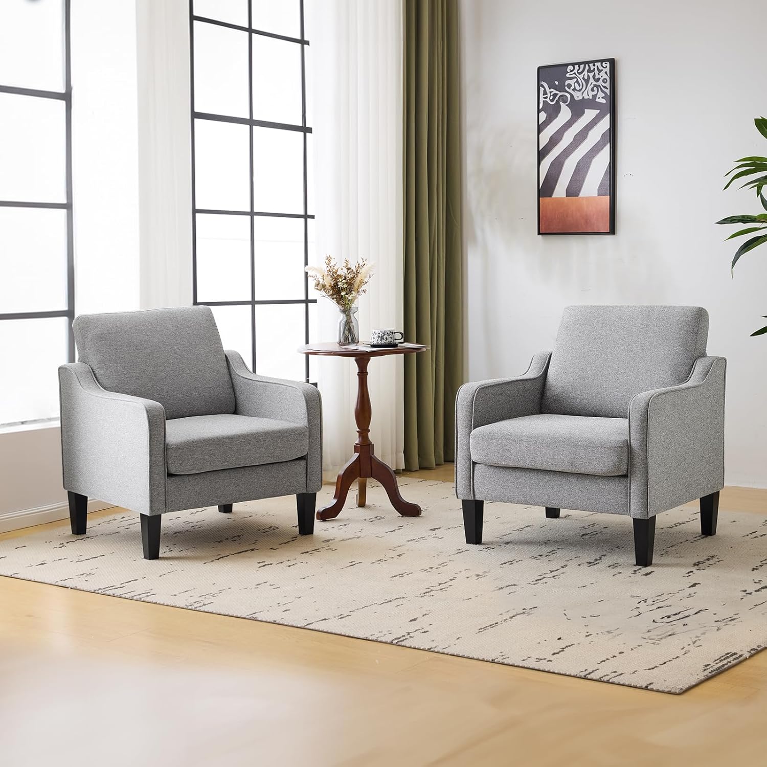 VINGLI Mid Century Modern Accent Chair, Light Grey Fabric Accent Chairs for Living Room Upholstered Armchair with Scooped Arms for Bedroom, Apartment