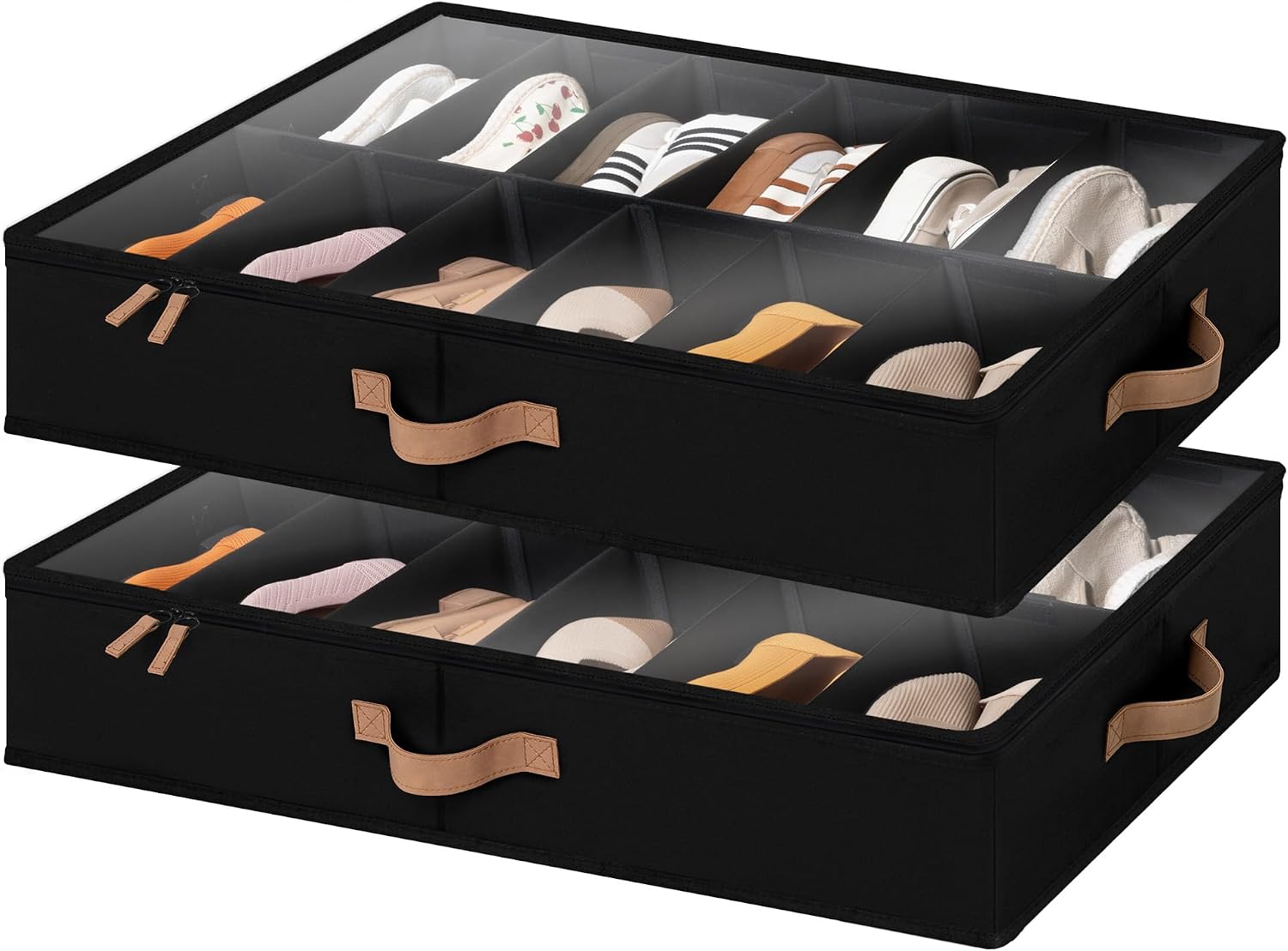 StorageWorks 2-Pack 24-Pair Underbed Shoe Storage Organizer, Linen Beige, Rustic Linen Fabric, Adjustable Dividers, 5.25" Height
