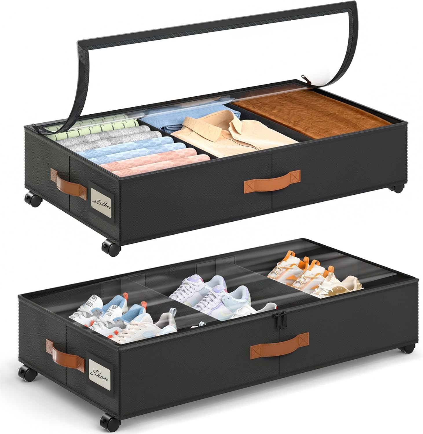 Yecaye Under Bed Storage with Wheels, 2 Pack Under Bed Storage Containers with Adjustable Dividers and Clear Window