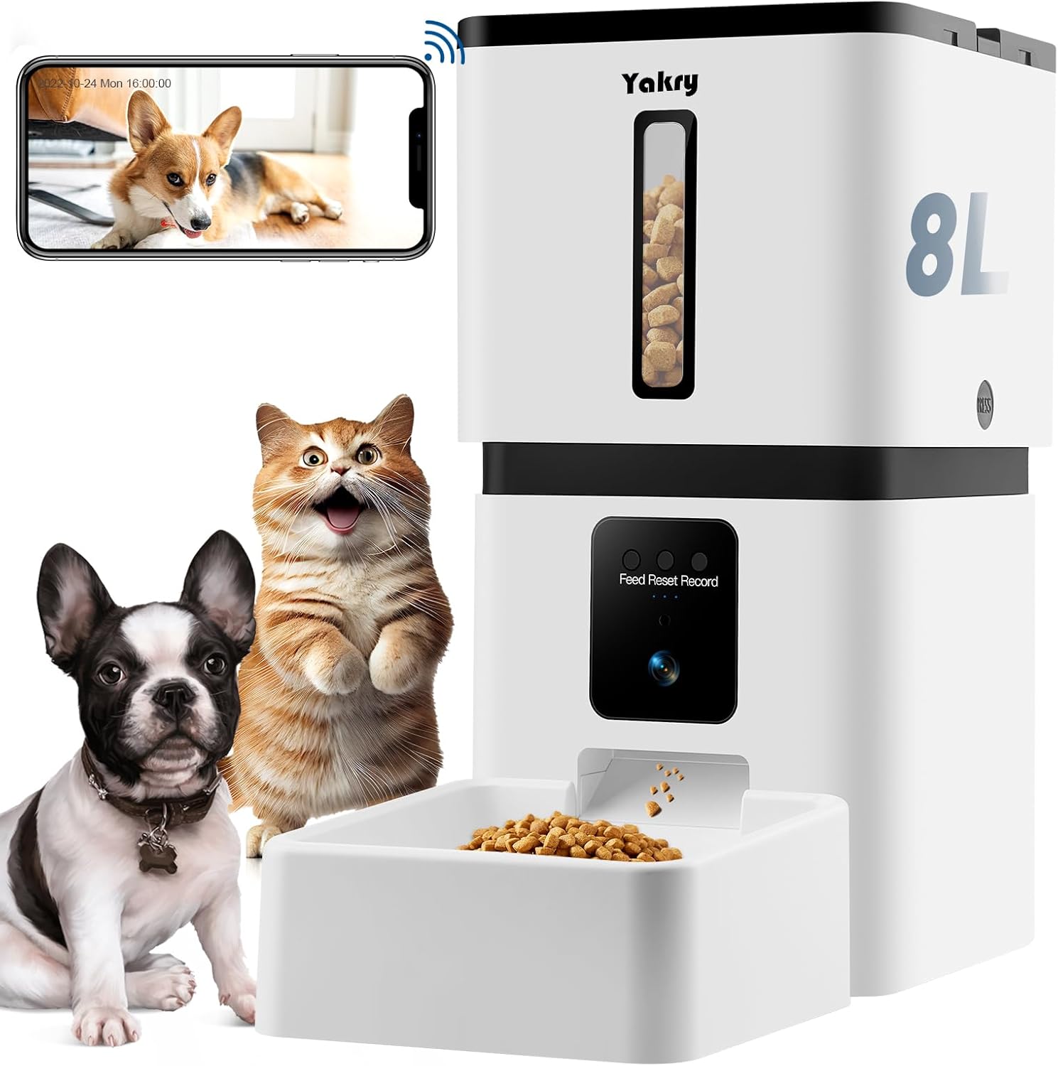 Yakry Automatic Dog Feeder with Camera - 8L/33 Cups Smart Pet Feeder for Small/Medium Dogs and Cats, 5GHz/2.4GHz WiFi App Control
