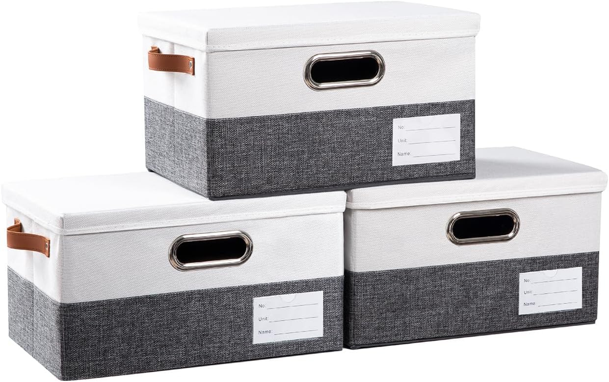 PRANDOM Large Collapsible Storage Bins with Lids 3-Pack Linen/Cotton Blend Foldable Storage Boxes Organizer Containers Baskets Cube with Cover for
