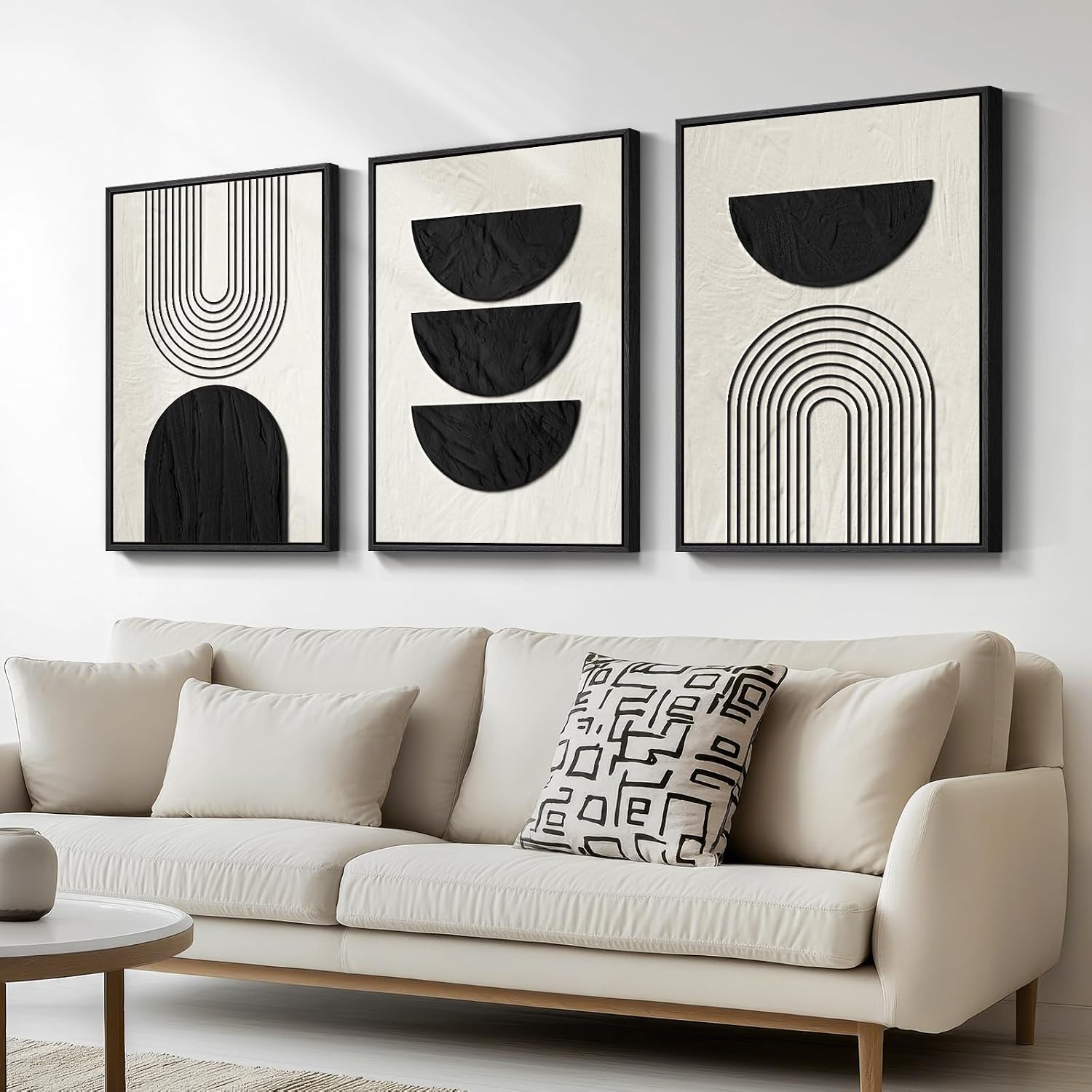 Large Framed Boho Modern Neutral Abstract Wall Art for Living Room, 3 Piece Black and White Canvas Prints Paintings Artwork for Walls