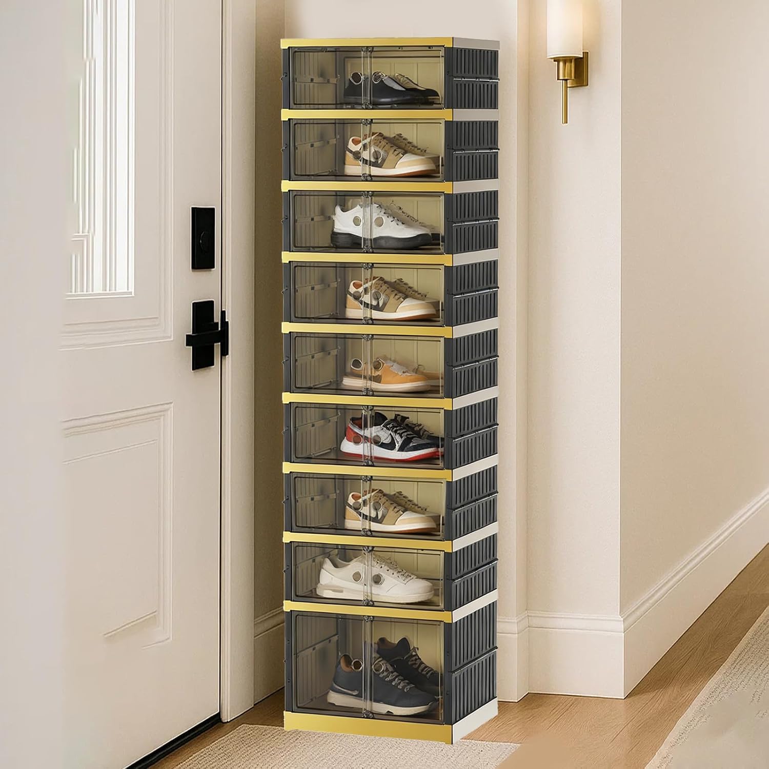 Collapsible Shoe Rack Organizer 9 Tiers-36 Pairs Foldable Shoe Cabinet with Doors, Large Plastic Folding Shoe Cabinet