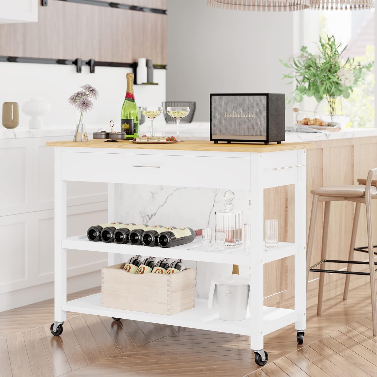 Shintenchi Kitchen Island Cart with Storage, Rolling Kitchen Island Side Table on Wheels with Large Worktop, Storage Cabinet, Towel Rack