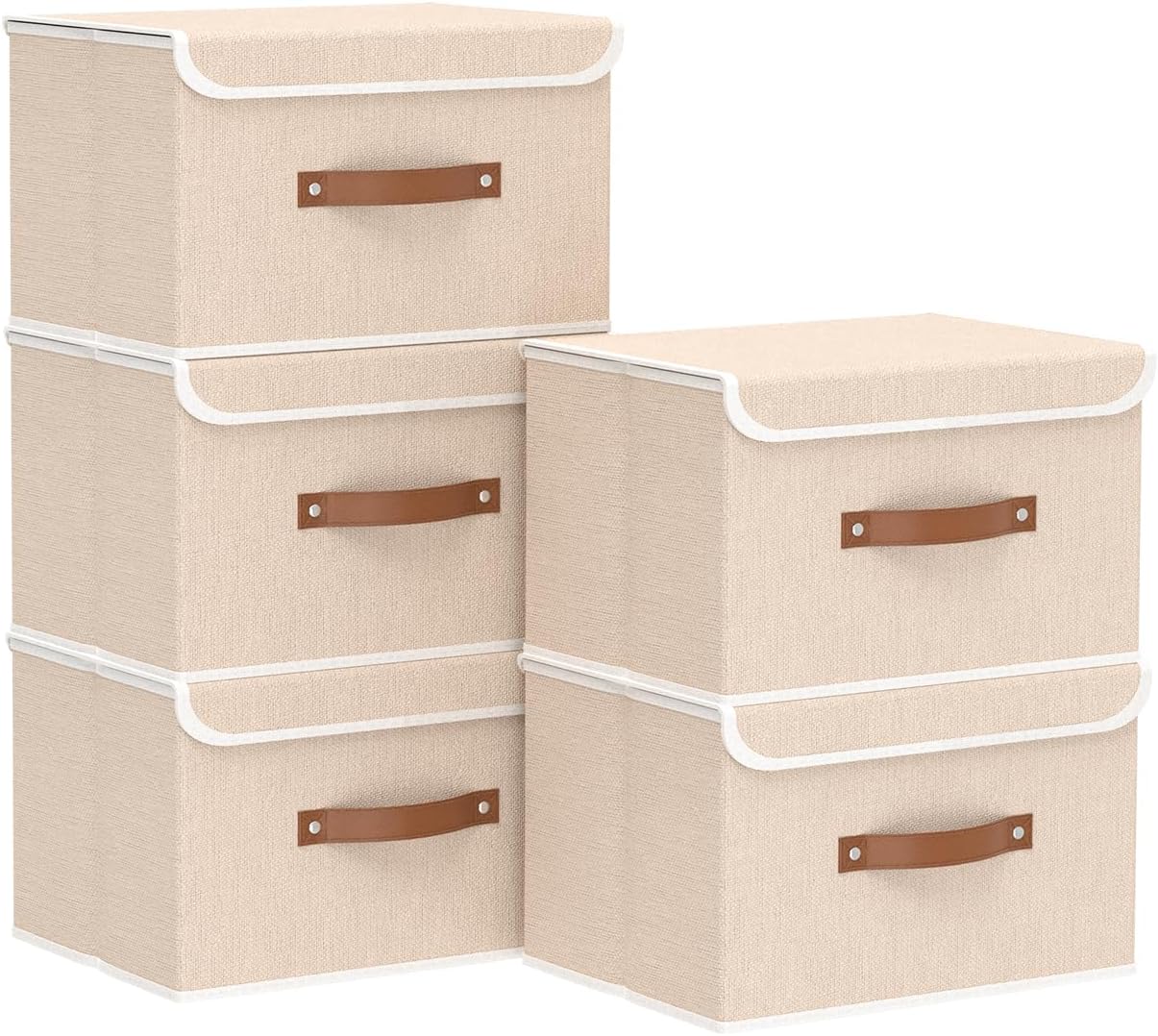 Yawinhe Storage Bins with Lids, Beige, 17.7x11.8x11.8in, 5-Pack, Fabric Container with Leather Handle, Washable Home Basket
