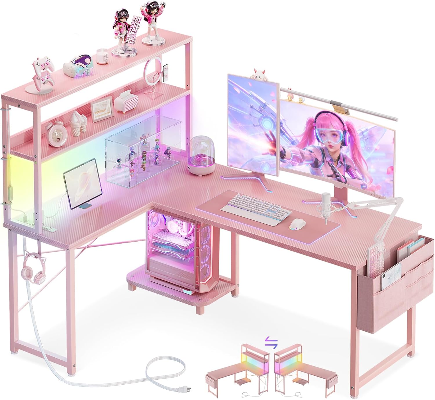 AODK L Shaped Desk Gaming Desk with LED Light and Power Outlet, 53 Inch Reversible L Shaped Computer Table with Shelf and Storage Bag and Hook for