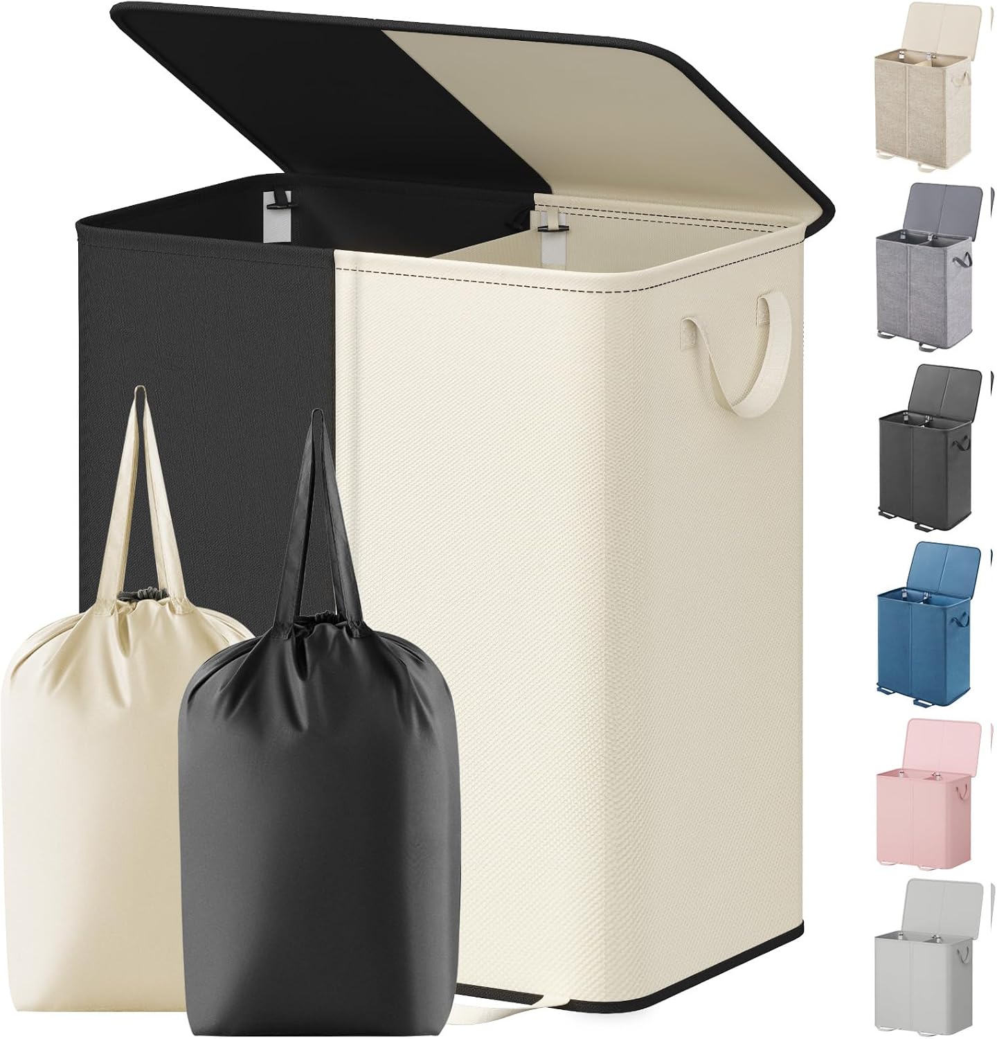 Lifewit Double Laundry Hamper with Lid and Removable Laundry Bags, Large Collapsible 2 Dividers Dirty Clothes Basket with Handles for Bedroom Laundry