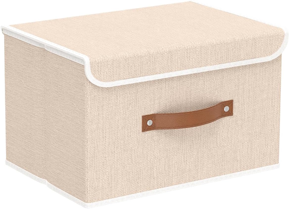Yawinhe Storage Bins with Lids, Beige, 17.7x11.8x11.8in, 5-Pack, Fabric Container with Leather Handle, Washable Home Basket