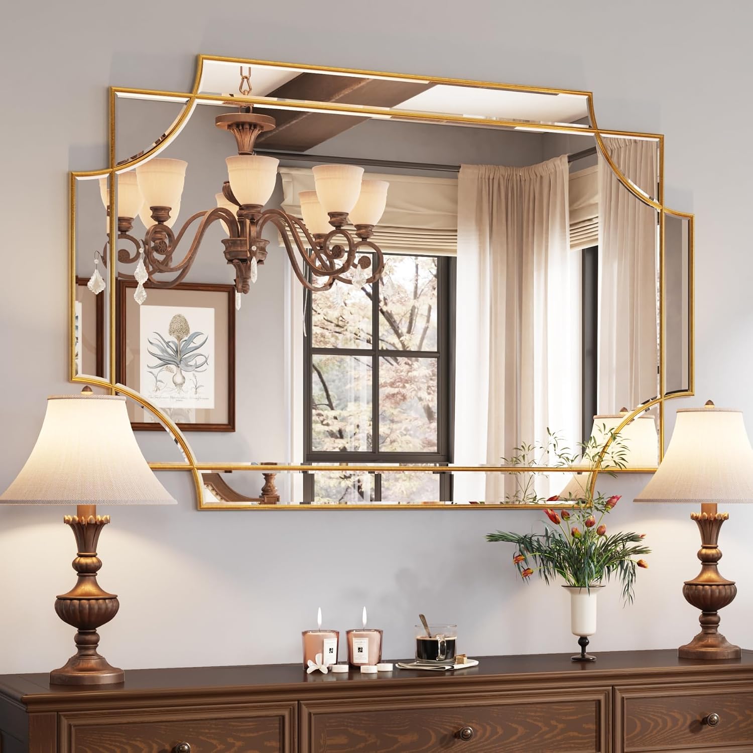 Kelly Miller 24"x48" Gold Foil Scalloped Edge Decorative Vanity Wall Mirror, Hand-Applied Gold Foil Finish. HD Mirror With French Cleat. Elegant