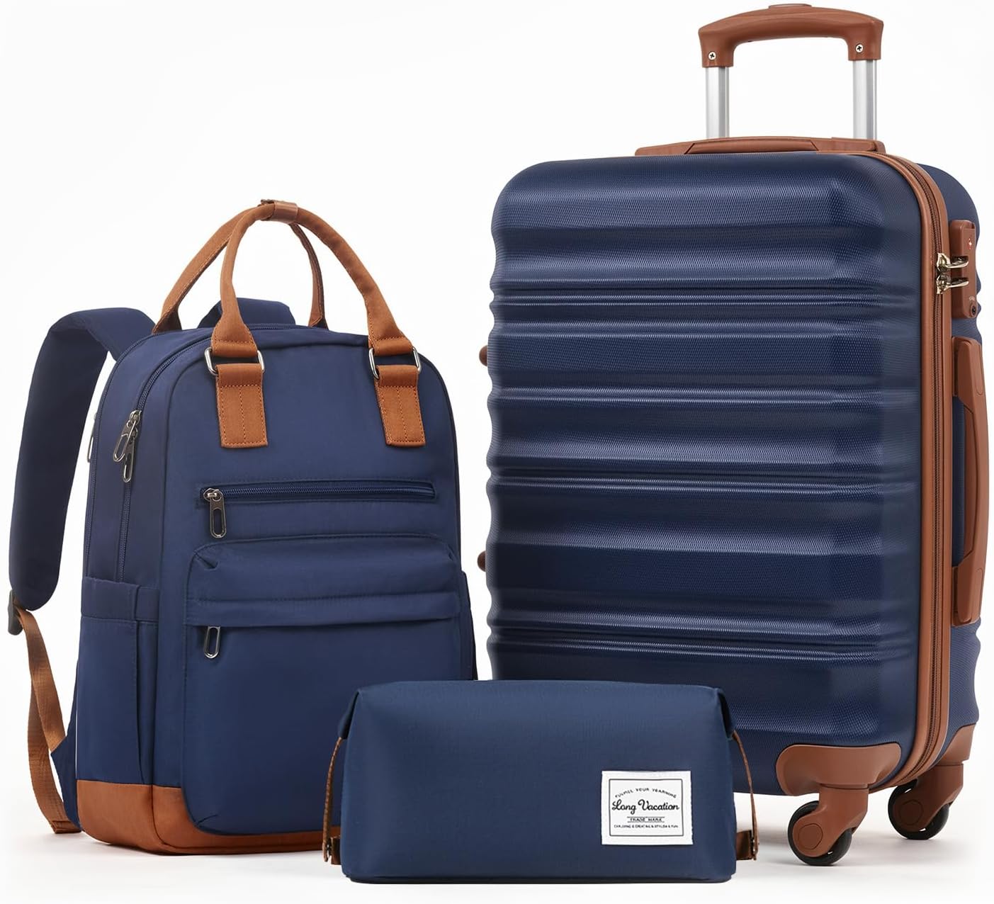 LONG VACATION 6 Piece Luggage Set Carry on Suitcase with ABS+PC hardshell, Spinner Wheels and YKK Zipper TSA Lock (BEIGE-BROWN, 6 piece set)