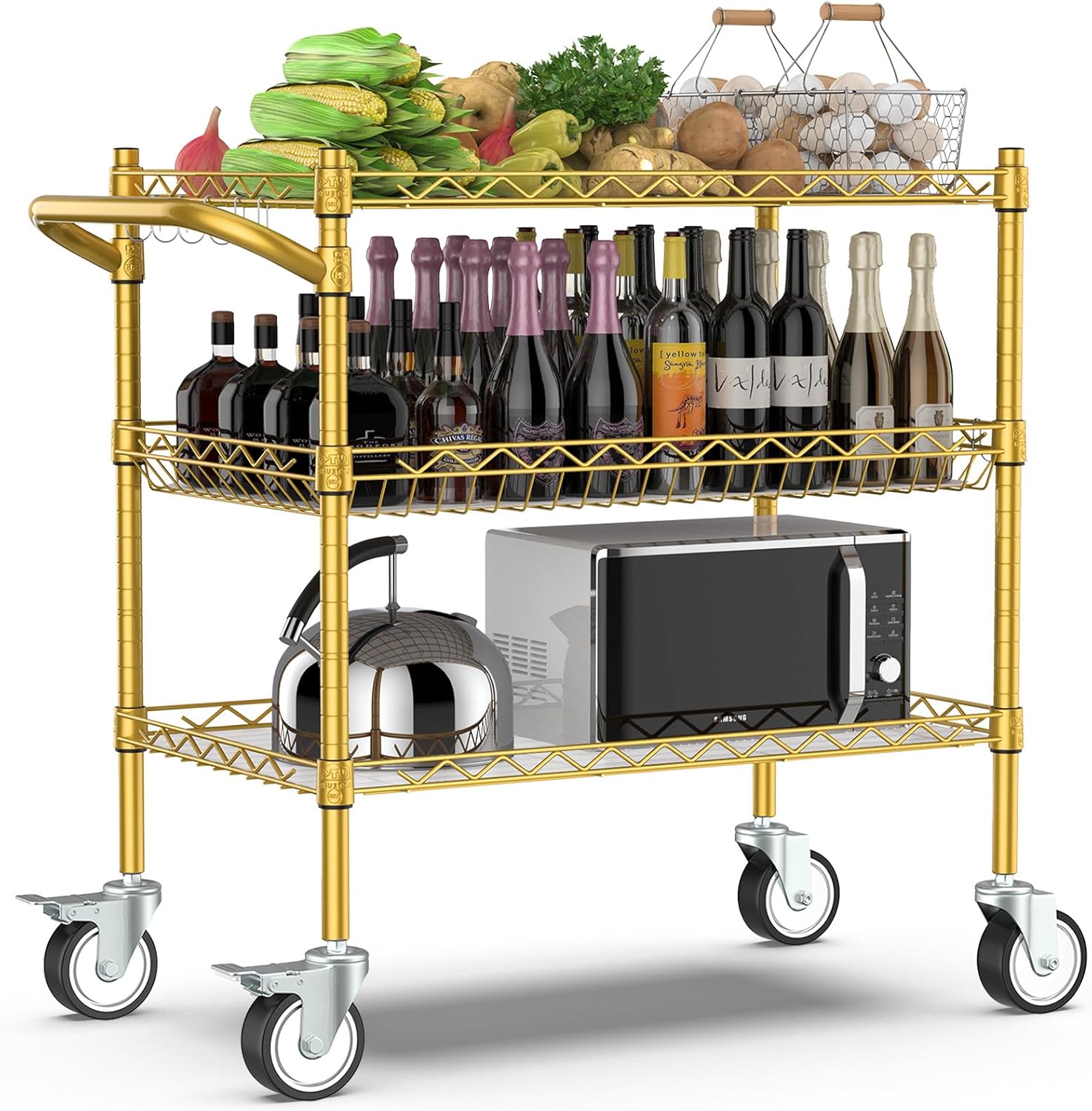 Leteuke Rolling Kitchen Carts with Wheels, 3-Tier Utility Cart with Wood Tabletop, NSF Commercial Metal Serving Cart with Handle and Shelf, Black