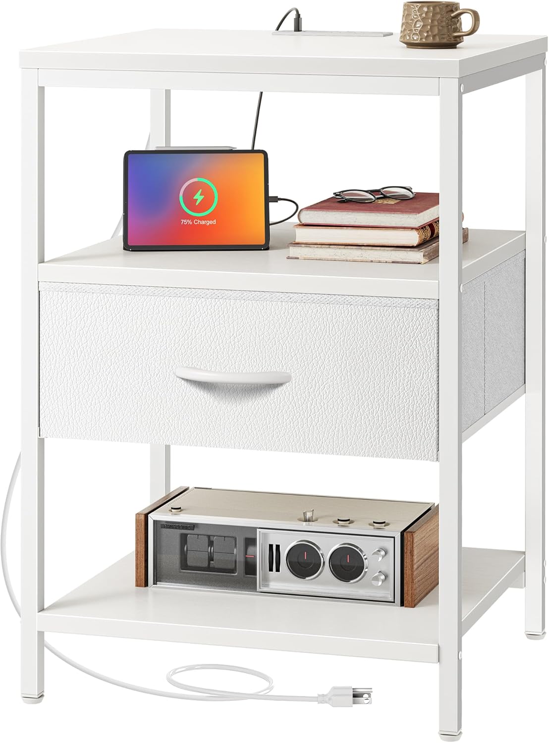 SUPERJARE Nightstand Set of 2, Bed Side Tables with Charging Station, Adjustable Fabric Drawer, Night Stand for Bedroom, 3-Tier Storage End Tables