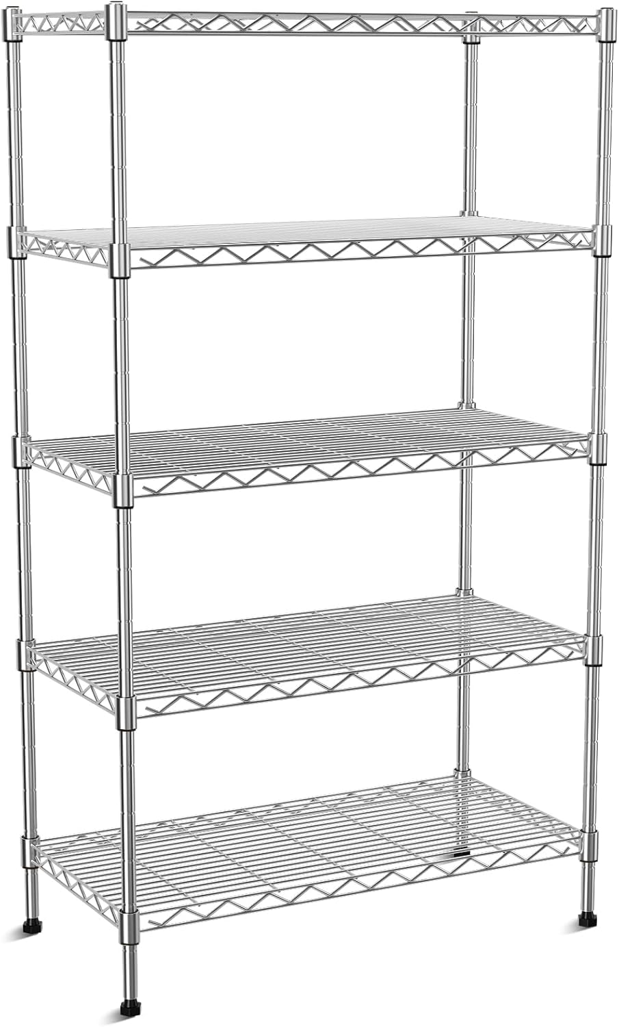 5-Tier Heavy Duty Metal Shelf, Chrome Wire Shelving Unit 35"Wx18Dx71H, Height Adjustable Storage Wire Shelves with Lockable Wheels for Garage, Kitchen