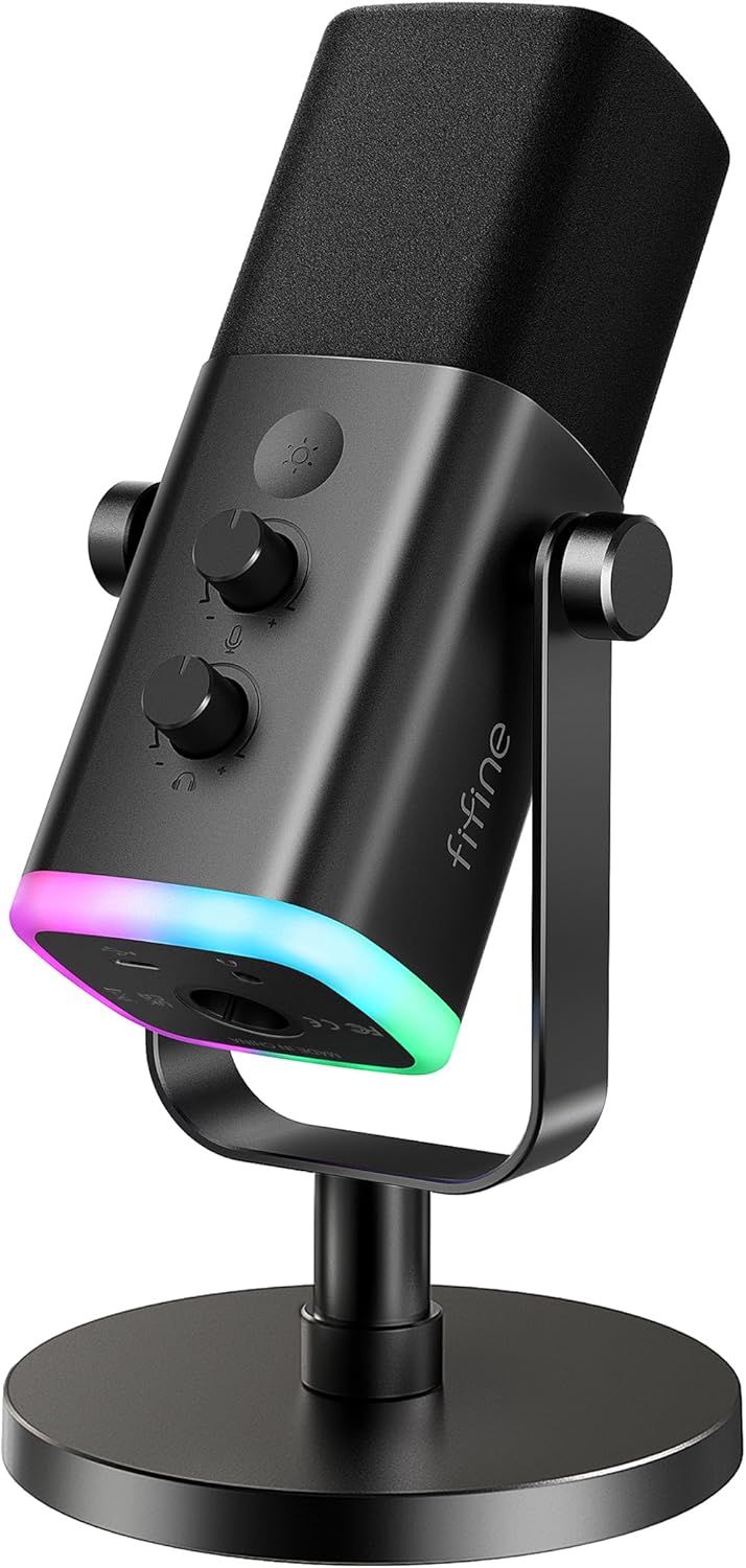 FIFINE XLR/USB Gaming Microphone for Streaming Podcasting, PC Computer RGB Mic, with Gain Knob, Mute Button, Monitoring Jack