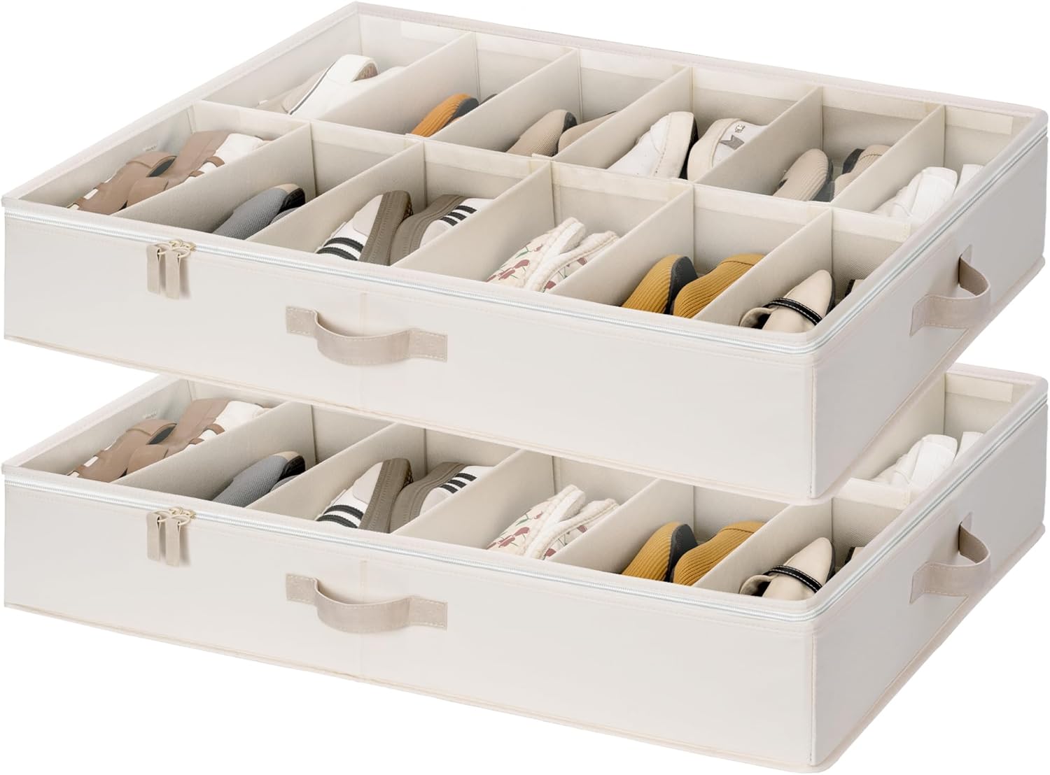 StorageWorks 2-Pack 24-Pair Underbed Shoe Storage Organizer, Linen Beige, Rustic Linen Fabric, Adjustable Dividers, 5.25" Height