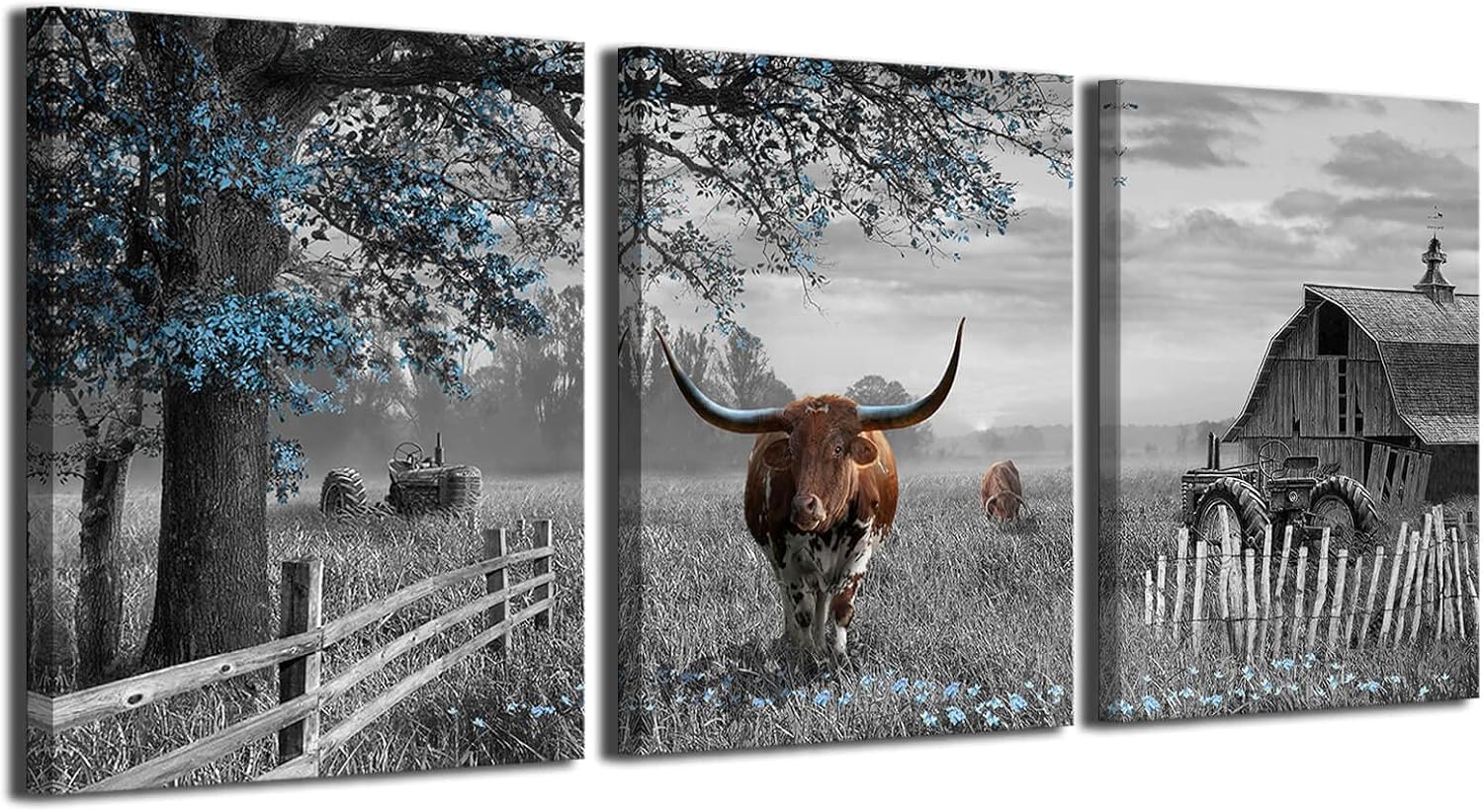 yiijeah Rustic Wall Art - Western Home Decor Cow Picture Extra Large Wall Decr Rustic Longhorn Living Room Bedroom Canvas Framed Artwork Farmhouse