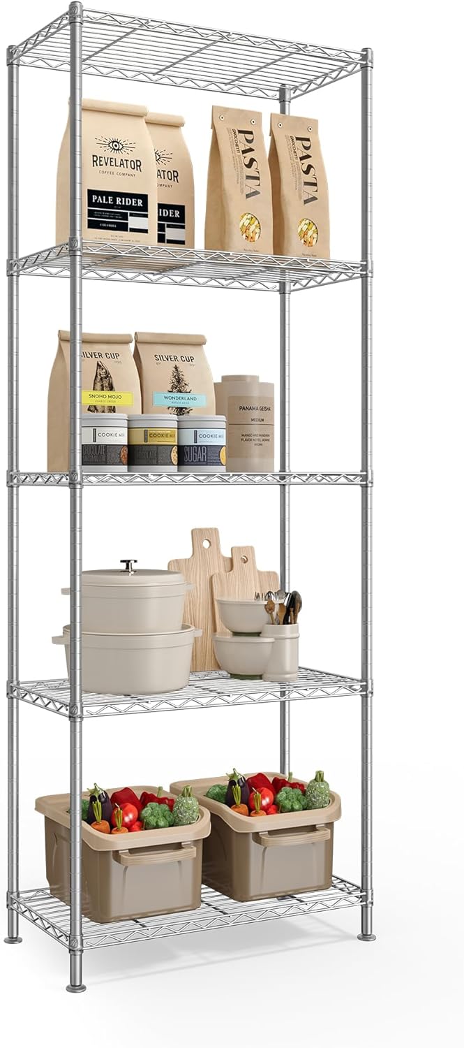 SONGMICS Storage Shelf, Metal Wire Shelving Unit, Adjustable Shelves, for Garage, Bedroom, Living Room, Kitchen, Pantry, 5 Tier