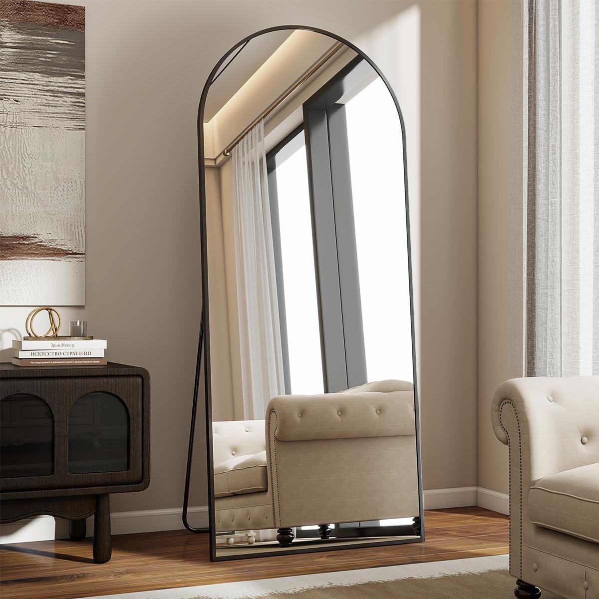 VooBang 35"x78" Gold Large Arched Floor Full Length Dressing Body Mirror, Shatterproof Tempered Glass, Modern Minimalist Chic Room Decor