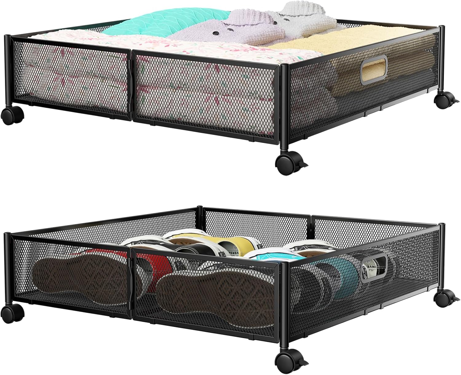 Under Bed Stroage Container with wheels, Patterned, Metal, 2 Pack, Black, Tool-free assembly, glide smoothly, easy reach, foldable