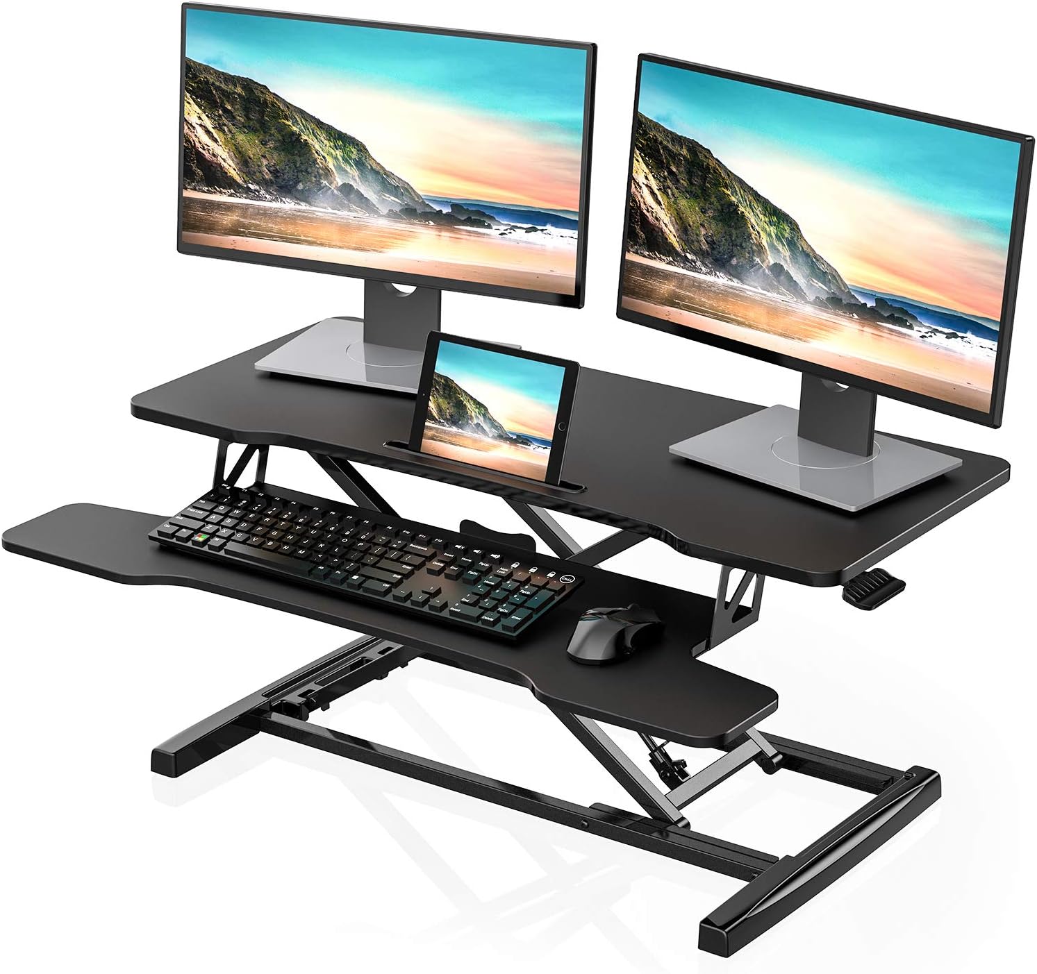 FITUEYES Height Adjustable Standing Desk 36" Wide Sit to Stand Converter Stand Up Desk Tabletop Workstation for Laptops Dual Monitor Riser Black