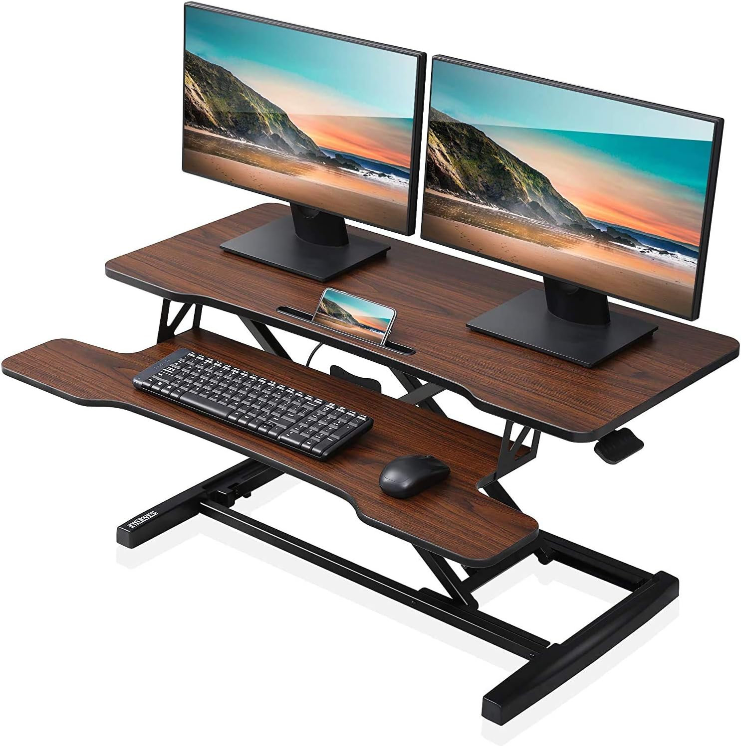 FITUEYES Height Adjustable Standing Desk 36" Wide Sit to Stand Converter Stand Up Desk Tabletop Workstation for Laptops Dual Monitor Riser Black