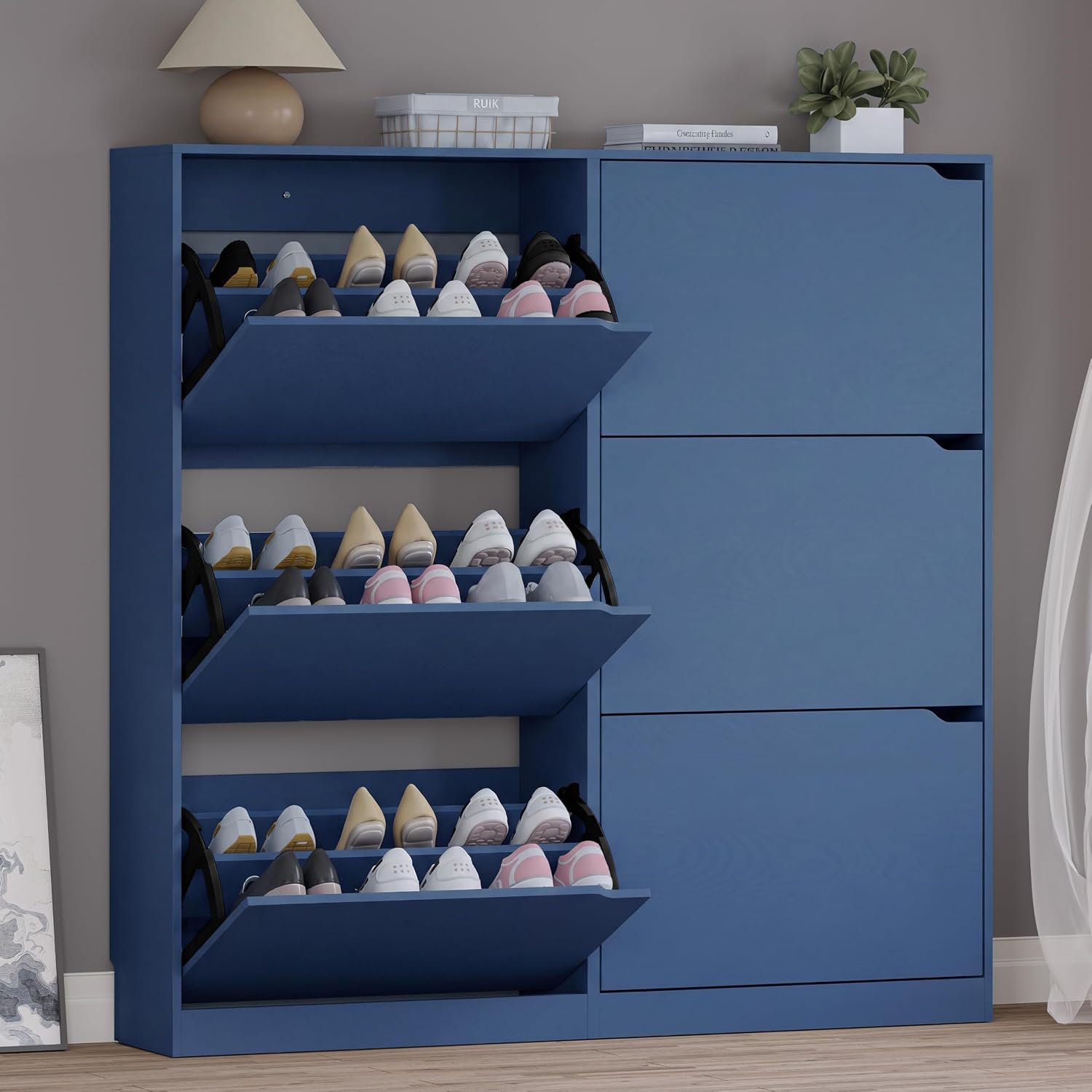 BORNOON Shoe Cabinet with Odor Control and Back Panels, Deodorizing Slim 3-Flip Shoe Storage Cabinet for Entryway