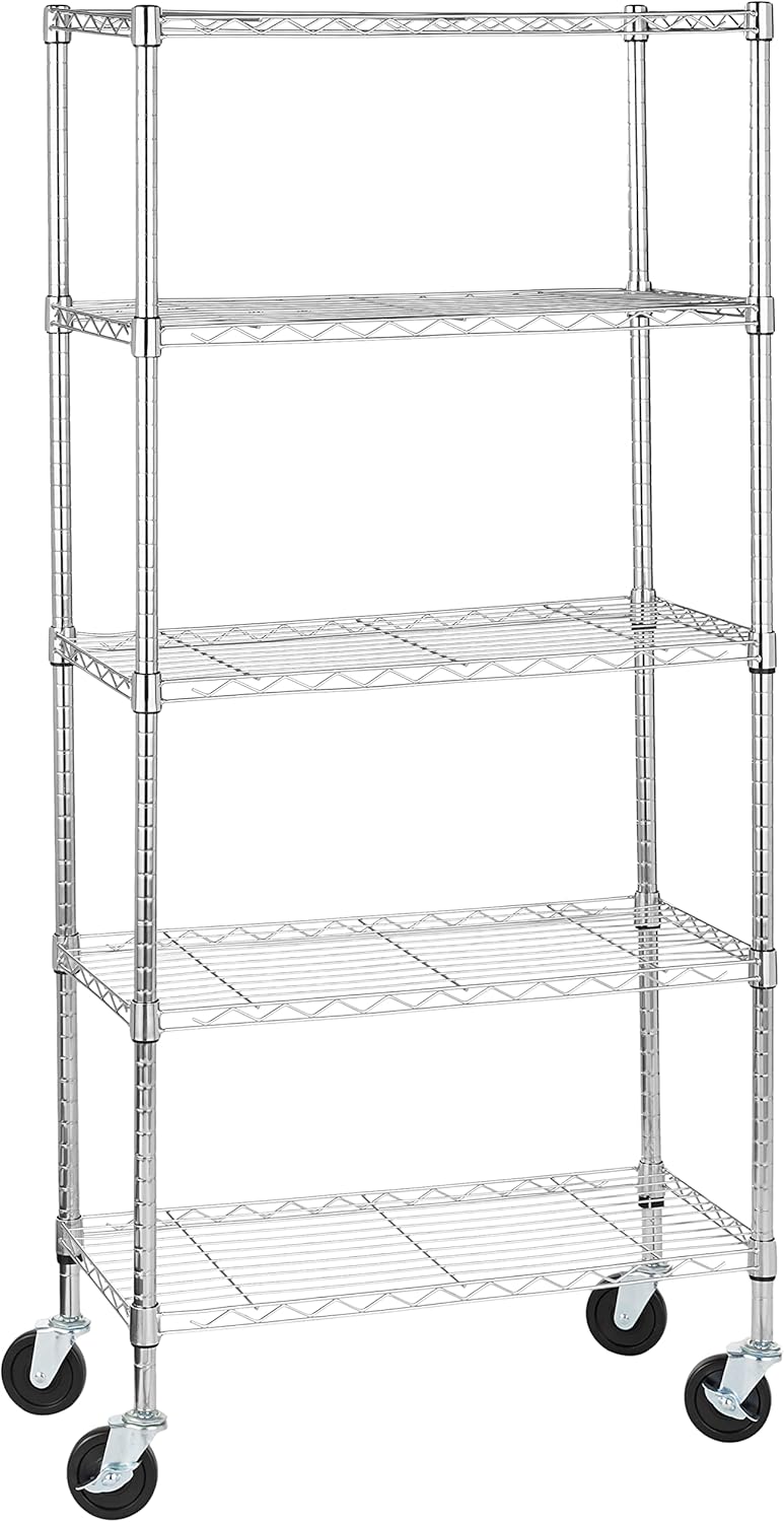 Amazon Basics 5-Shelf Adjustable, Heavy Duty Storage Shelving Unit on 4" Wheel Casters, Easy to Move Portable Wire Shelving