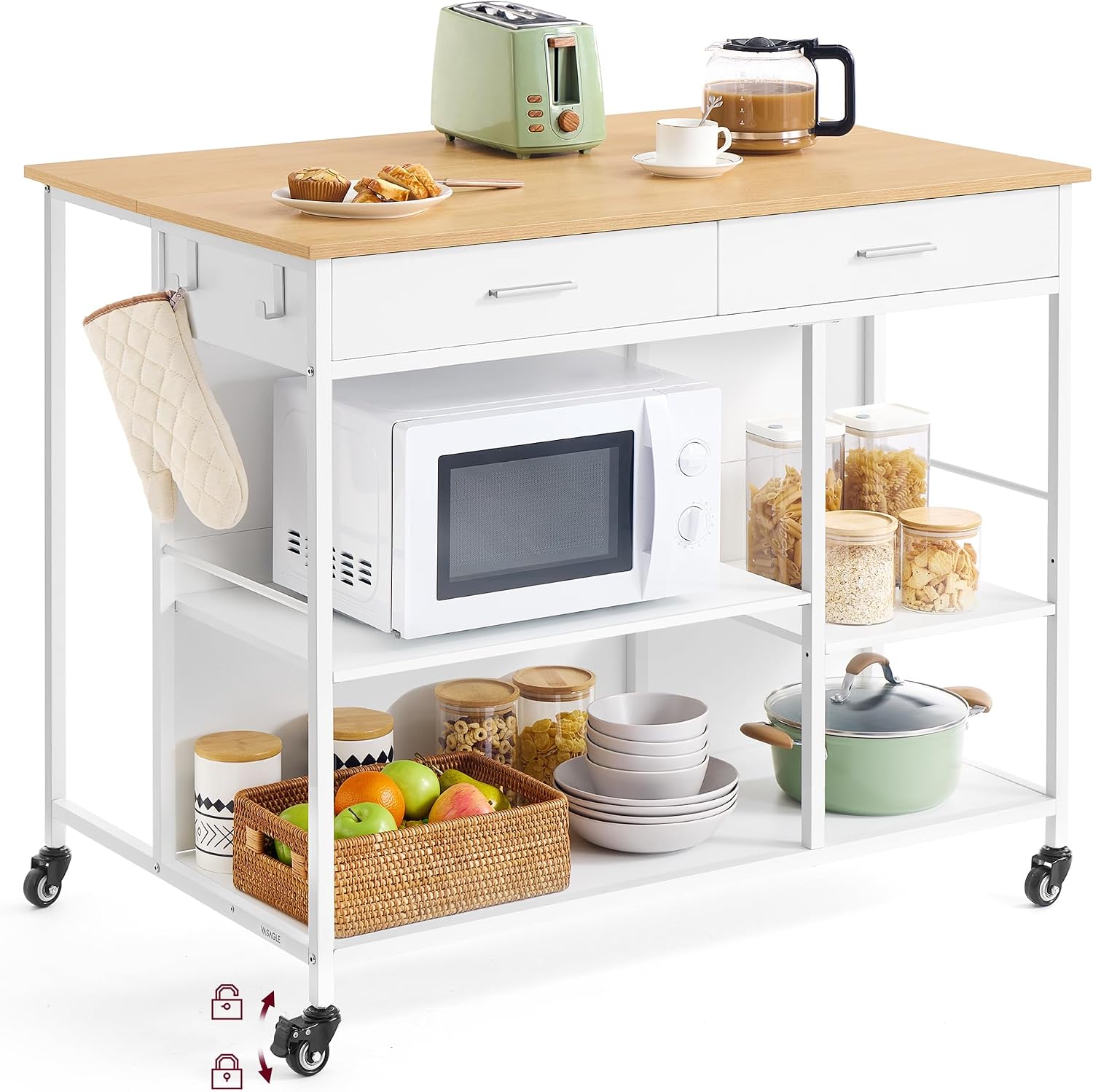 VASAGLE Kitchen Rolling Island, Mobile Kitchen Cart with Storage on Wheels, 17.7 x 23.6 x 35.4 Inches, Drawer, 2 Hooks, for Dining Room