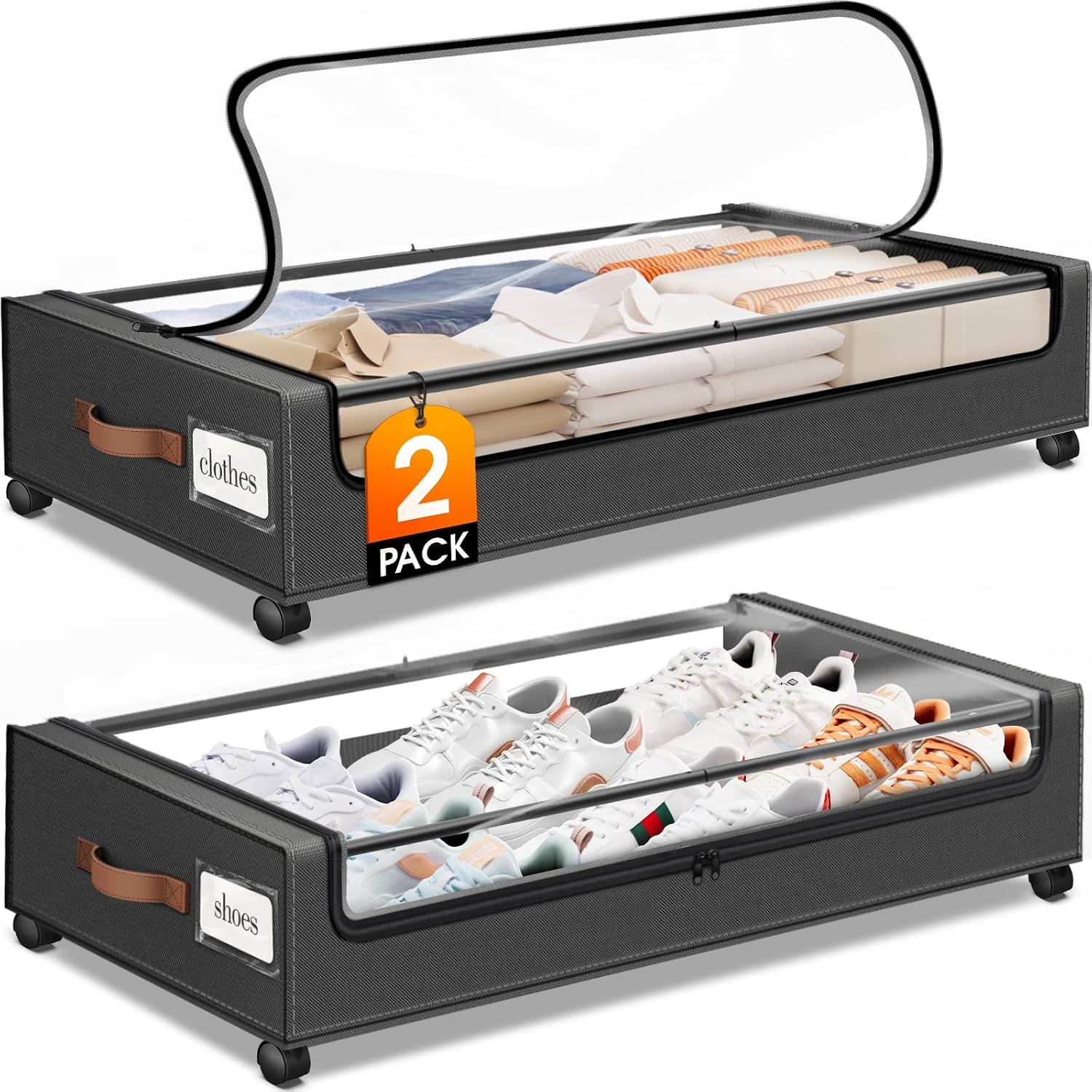 SpaceHacks Under Bed Storage with Wheels 2Pack Storage Containers with Clear Window&Label Under Bed Drawers Rolling Under Bed Storage for Clothes