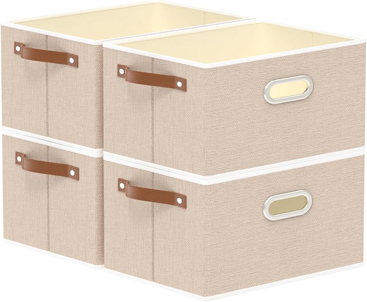 Yawinhe Foldable Storage Baskets for Shelves, 16.9x11.8x10.2in, Beige, 6-Pack, Collapsible Storage Bins for Towels