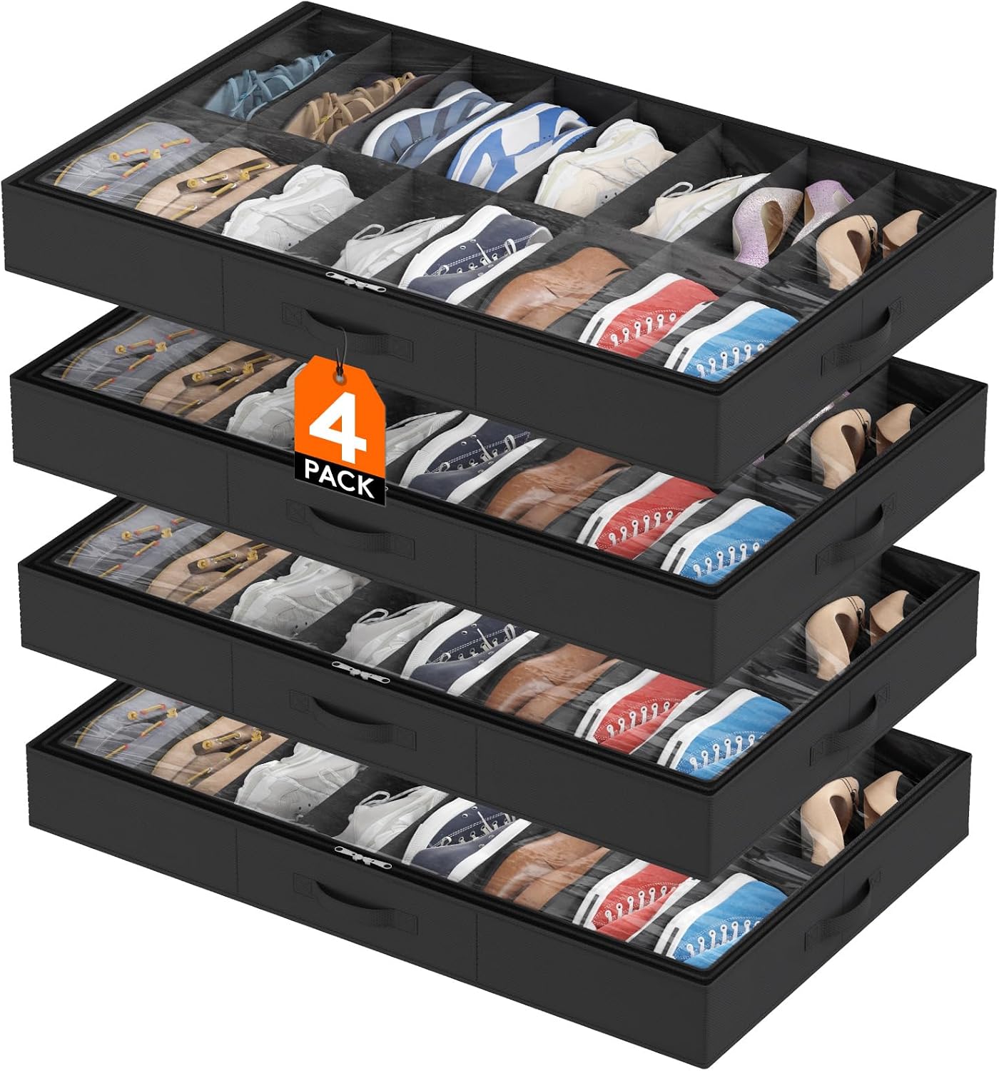 Lifewit Under Bed Shoe Storage Organizer 4 Pack(16 Shoes Cells), 4.3 Inches Profile Fabric Shoes Container Box with Clear Cover