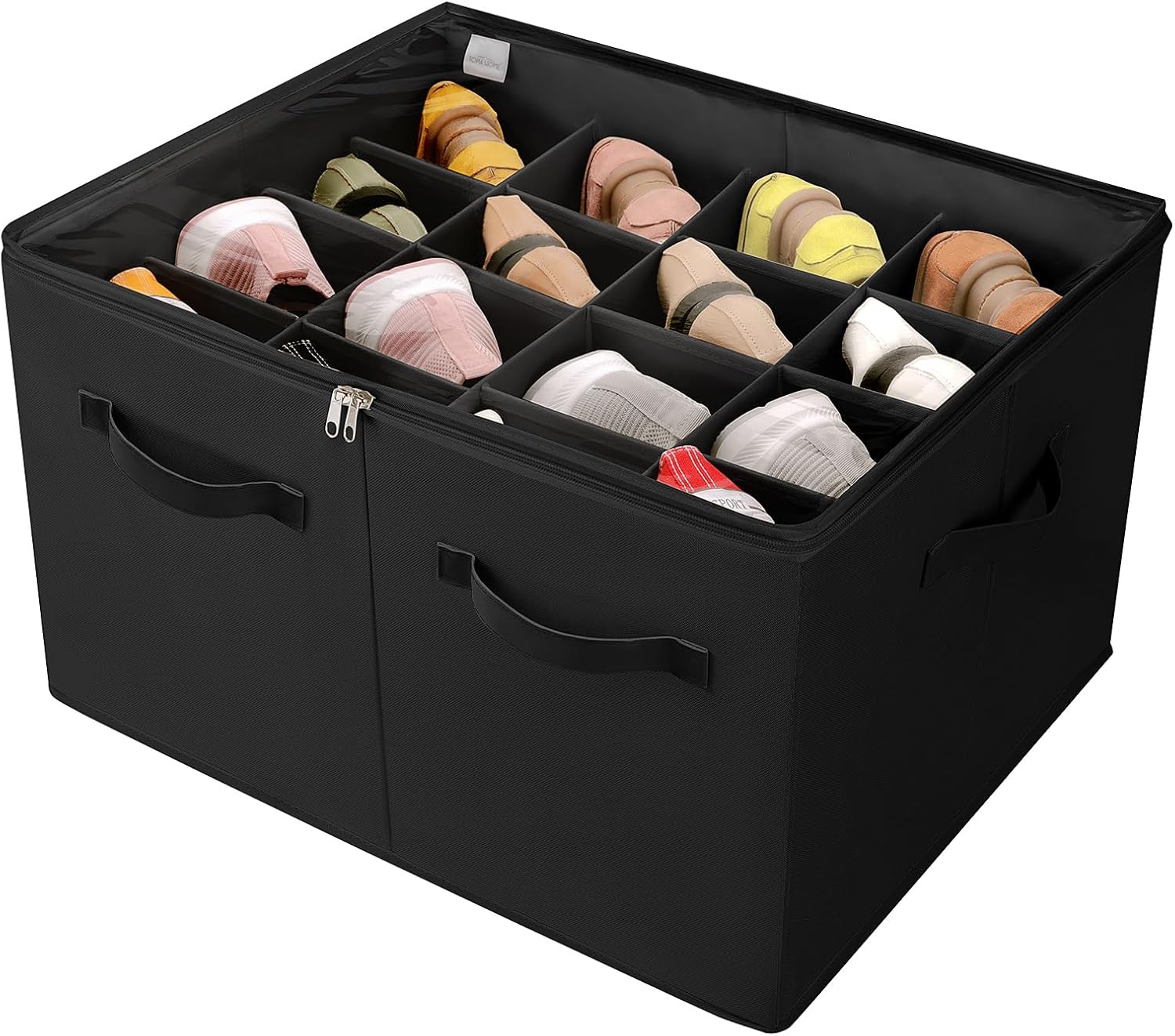 TOPIA HOME Shoe Organizer for Closet, Foldable Shoe Box with Adjustable Dividers and Clear Cover